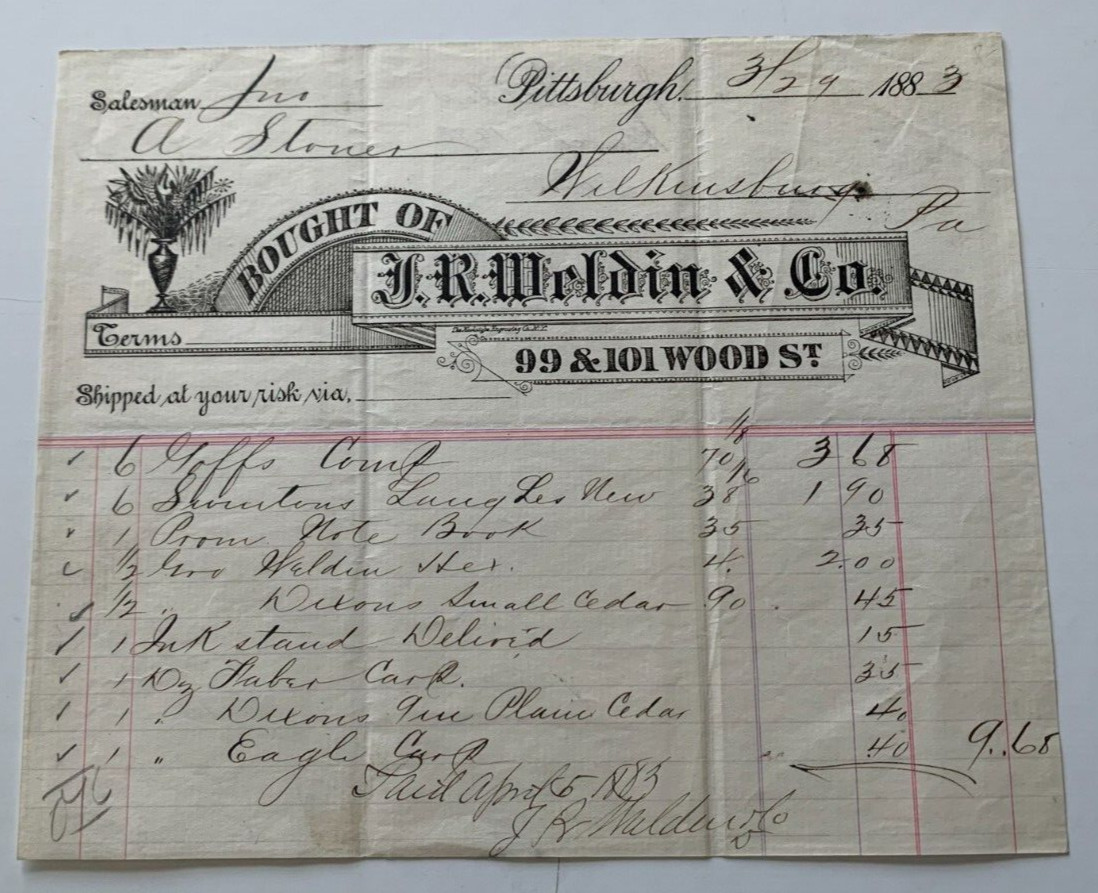 Vintage 1883 Pittsburgh PA Billhead JR Weldin & Co 99 & 101 Wood Street vignette