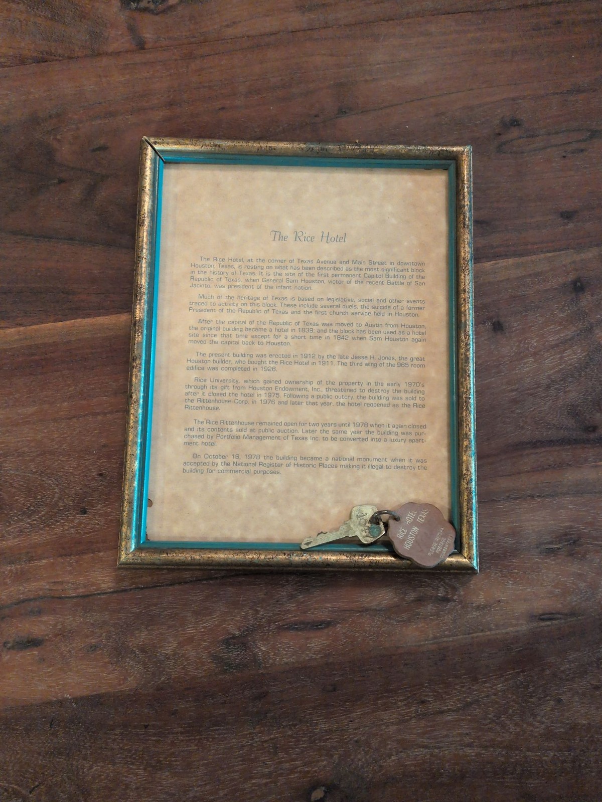 Vintage Rice Hotel Houston Framed History & Room Key Souvenir