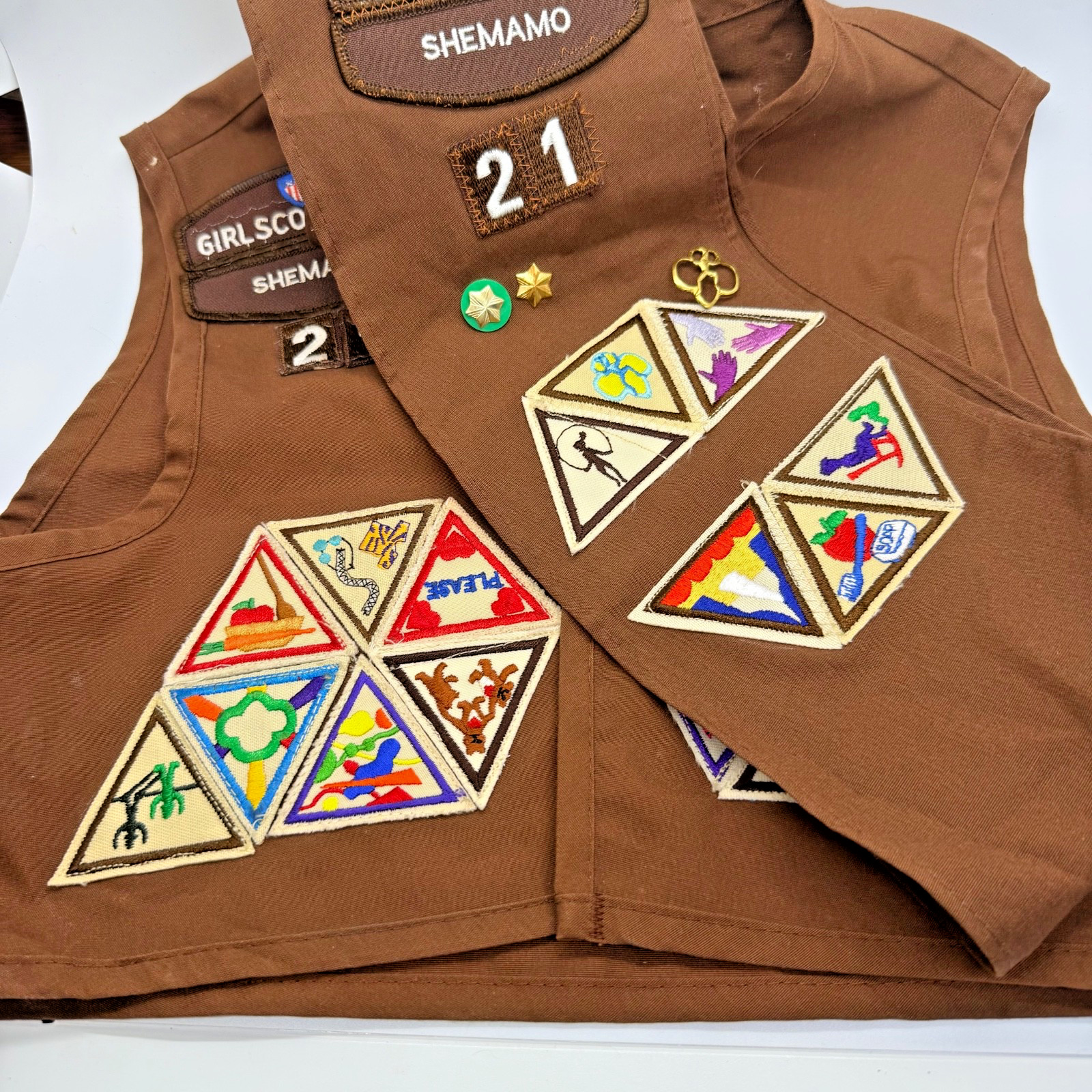 Vintage 1990s Girl Scout Brownie Vest and Sash with Original Badges and Pins