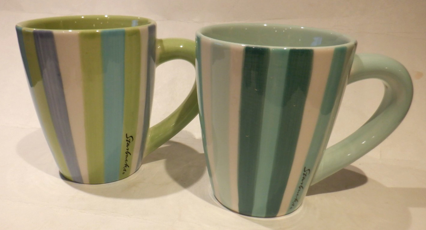 Vintage 2002 STARBUCKS Barista Vertical Striped Ceramic Coffee Mugs Set of 2