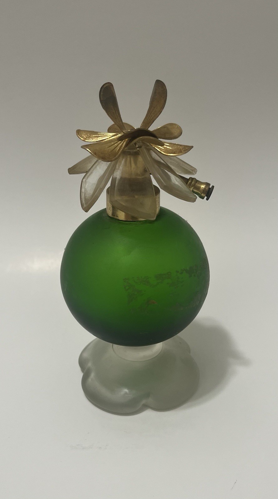 Vintage Irice Green Frosted Glass Perfume Bottle Atomizer Flower Metal Topper