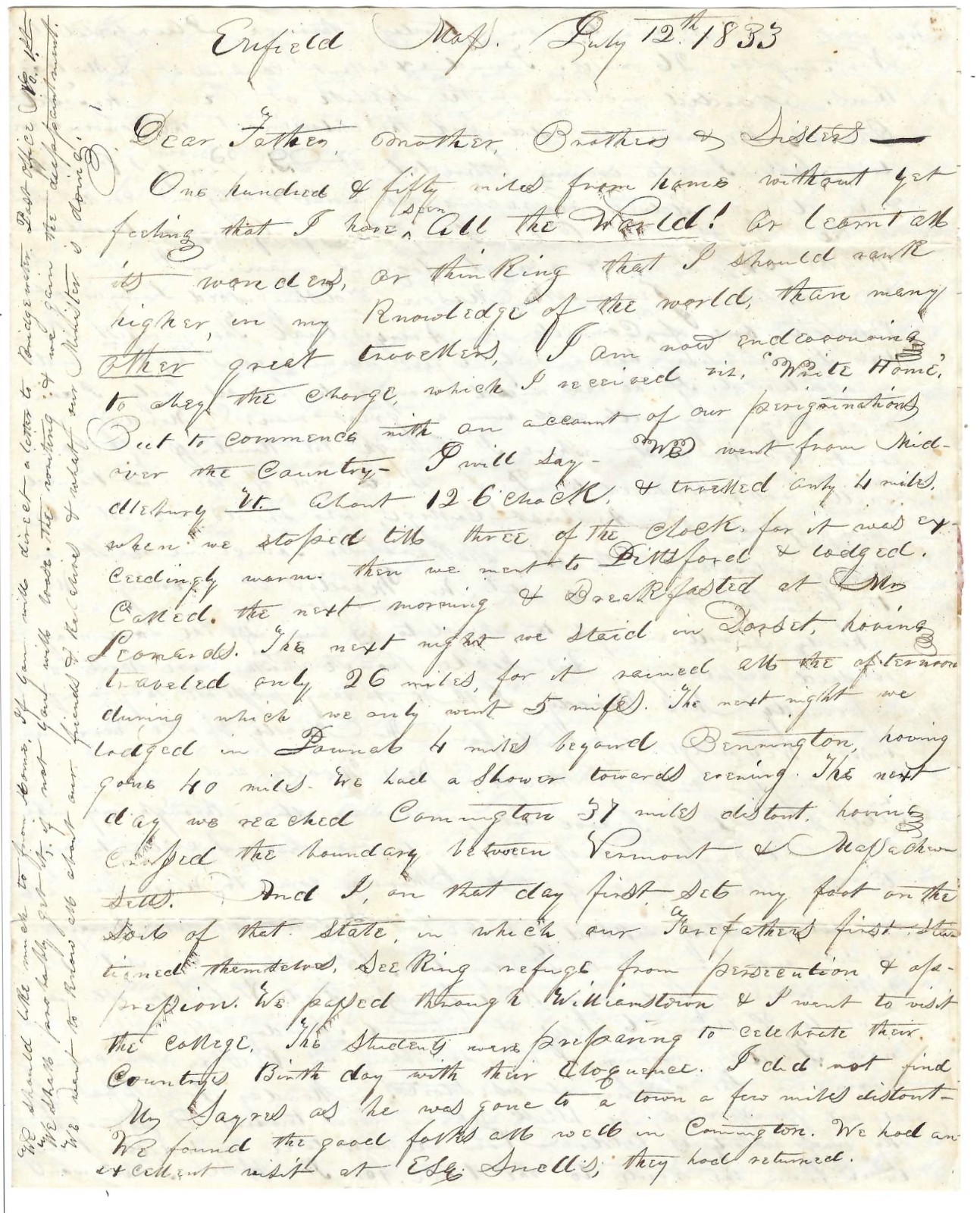 1833 MA Letter Details Horseback Trip, Famous Lawyer, Independence Day Oratory