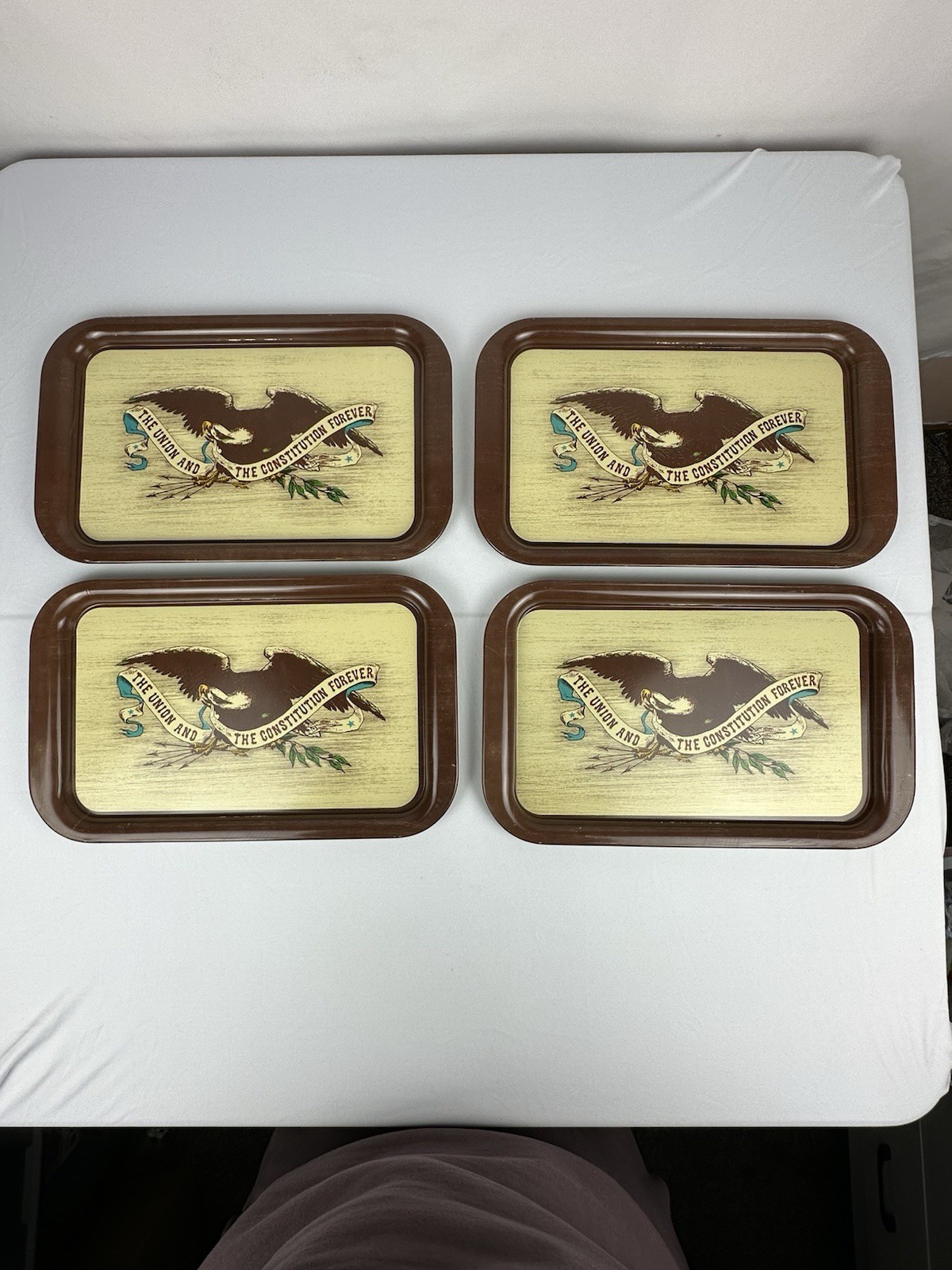 4 Vintage Metal Eagle Trays – “The Union & The Constitution Forever” Patriotic