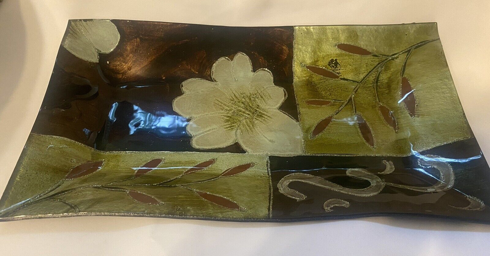 D\'Lusso  Glass Plate Serving Decorative Tray Magnolia Design Large Rectangular