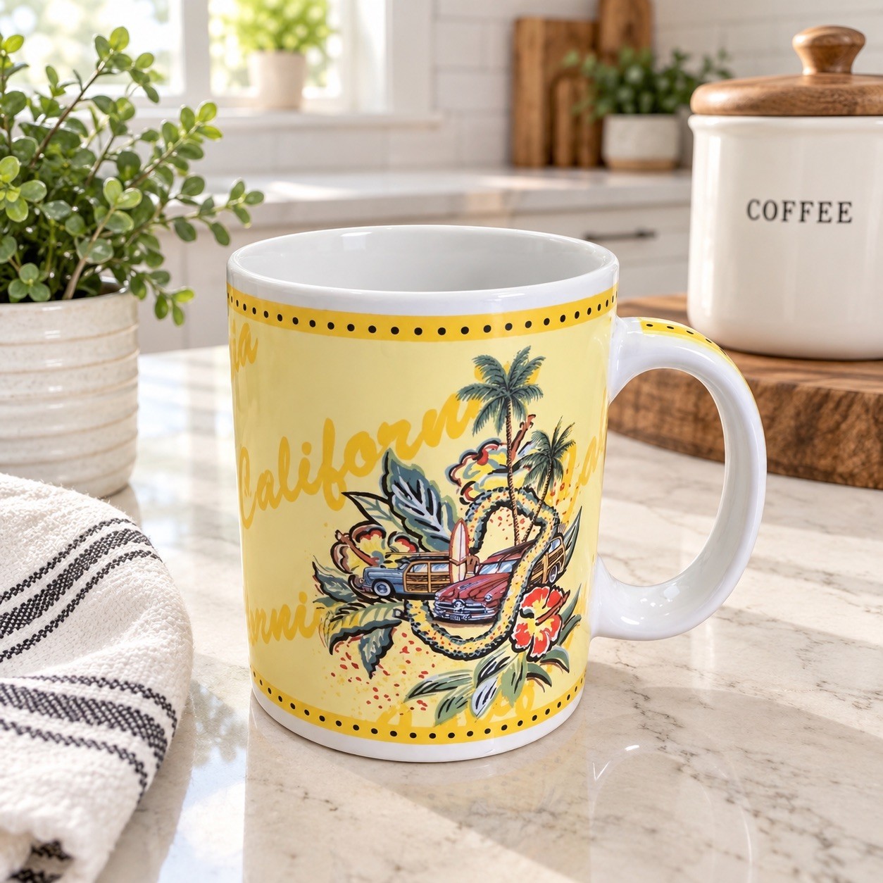 Vintage Hilo Hattie California Yellow Coffee Mug Hawaiian Tropical Souvenir Cup