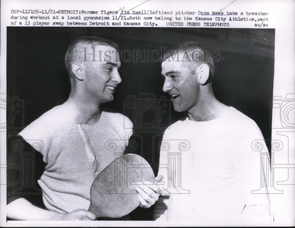1957 Press Photo KC Athletics Jim Small & pitcher Duke Maas former Tigers 1957 Press Photo KC Athletics Jim Small & pitcher Duke Maas former Tigers