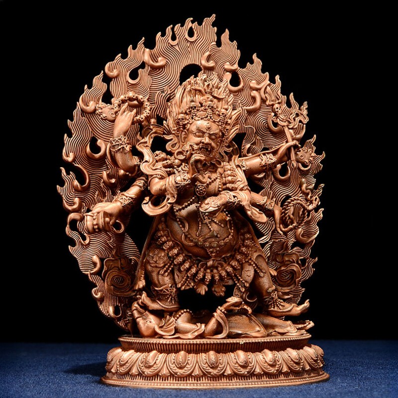 12cm Red Copper Carving Six-arm Mahakala Buddha Statue Tibet Buddhism Vairocana