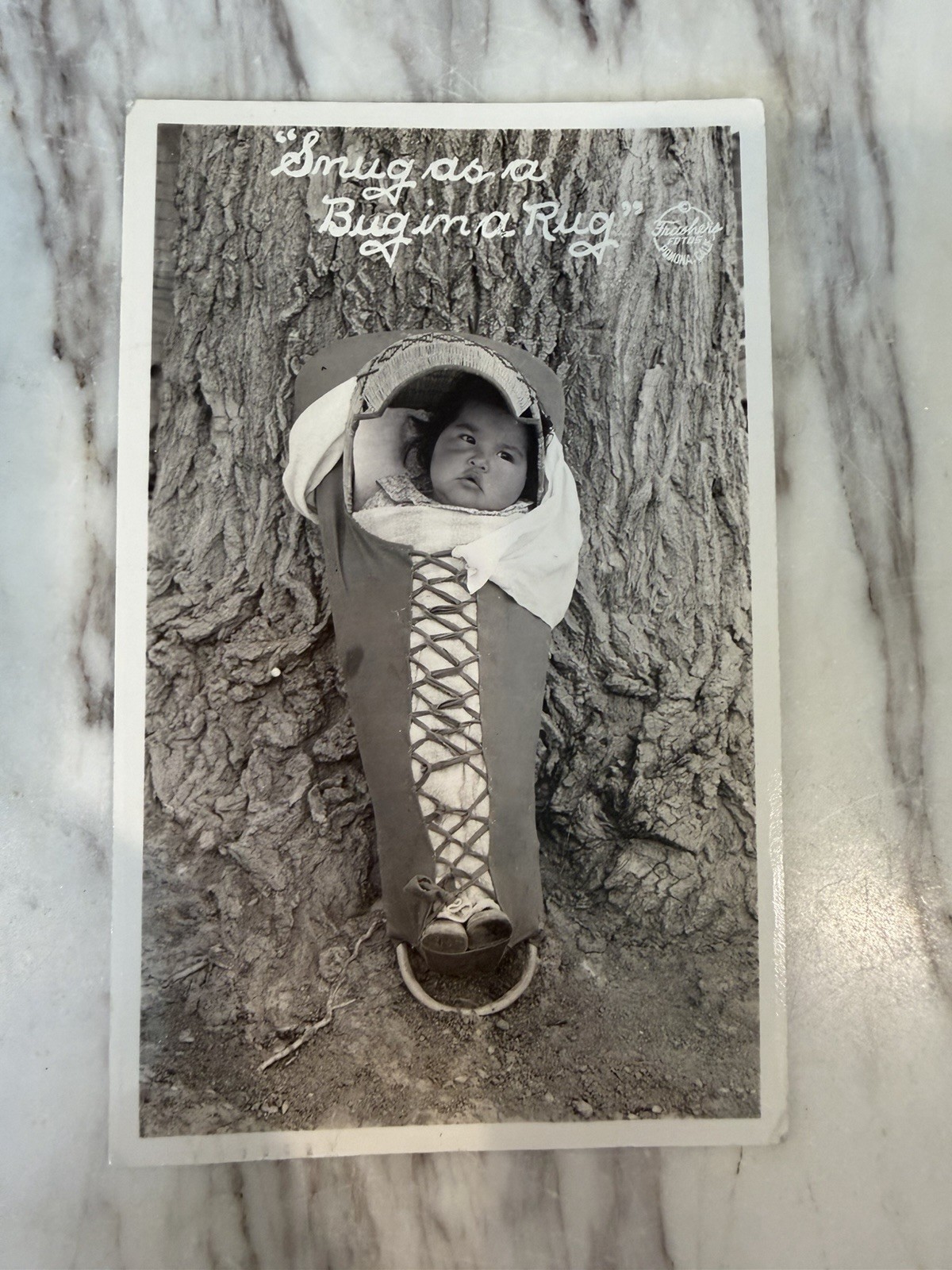 1939 Frasher RPPC Native American Baby Cradleboard Snug Bug Rug Lake Tahoe
