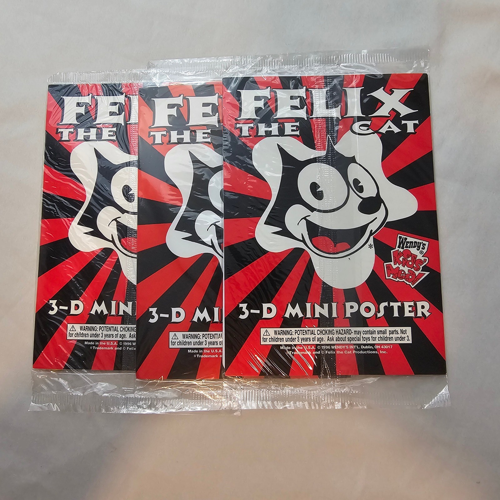 Vintage Felix The Cat 3-D Mini Posters (Lot of 3) 1996 Wendy\'s Kids Meal Sealed