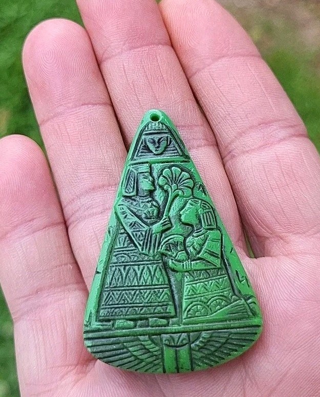 SALE ANTIQUE 1920'S NEIGER EGYPTIAN REVIVAL GREEN BLACK WASH GLASS PENDANT MINT SALE ANTIQUE 1920'S NEIGER EGYPTIAN REVIVAL GREEN BLACK WASH GLASS PENDANT MINT