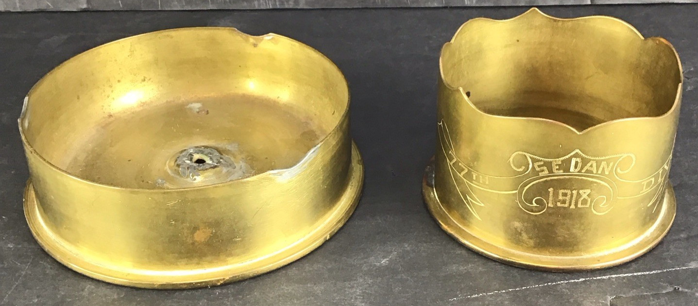 WW1 Brass Artillery Shell Trench Art Sedan France 77th infantry Division 1918 WW1 Brass Artillery Shell Trench Art Sedan France 77th infantry Division 1918