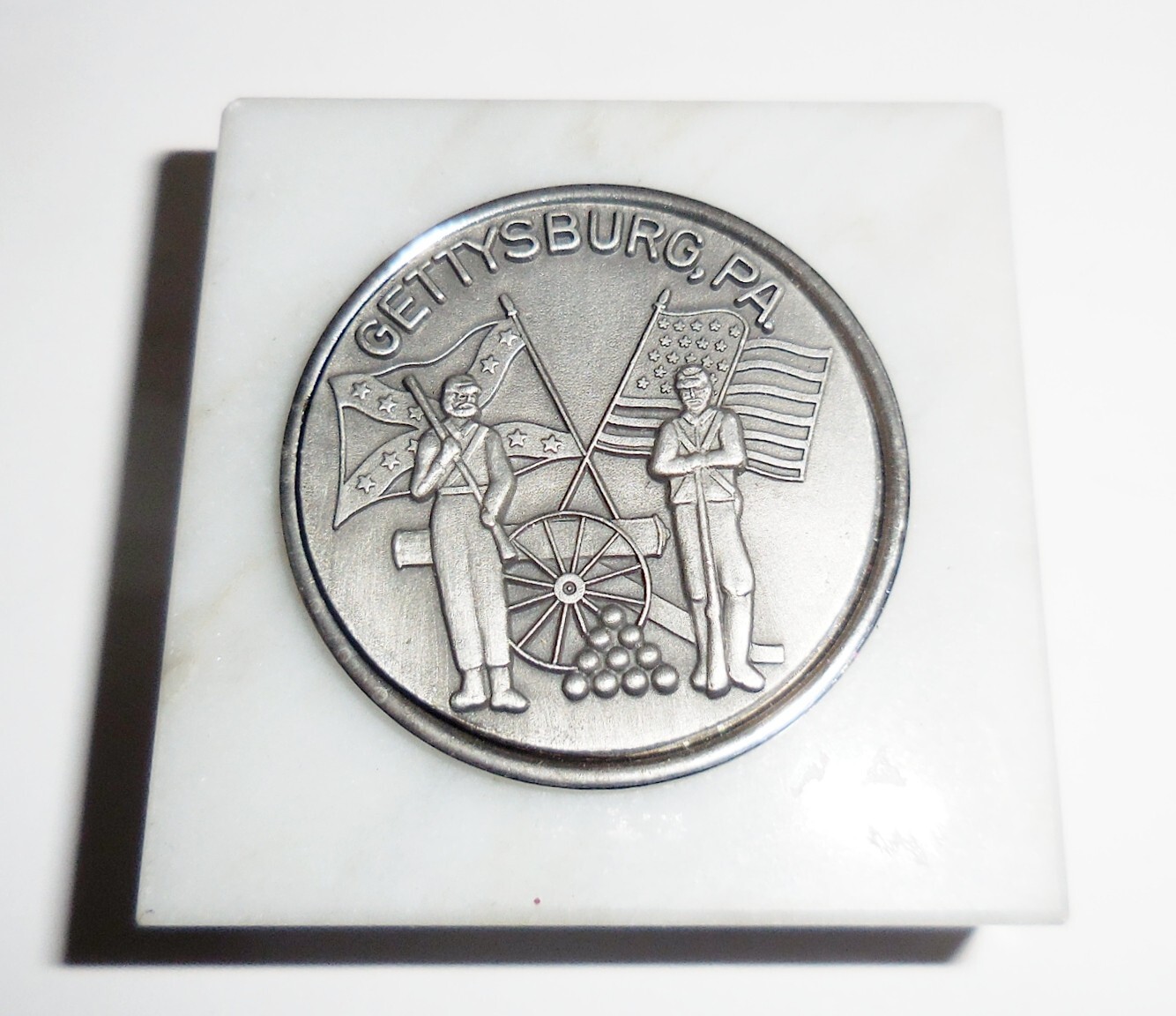 VINTAGE CIVIL WAR PEWTER TOKEN PAPERWEIGHT GETTTYSBURG PA MARBLE CONFEDERATE VINTAGE CIVIL WAR PEWTER TOKEN PAPERWEIGHT GETTTYSBURG PA MARBLE CONFEDERATE