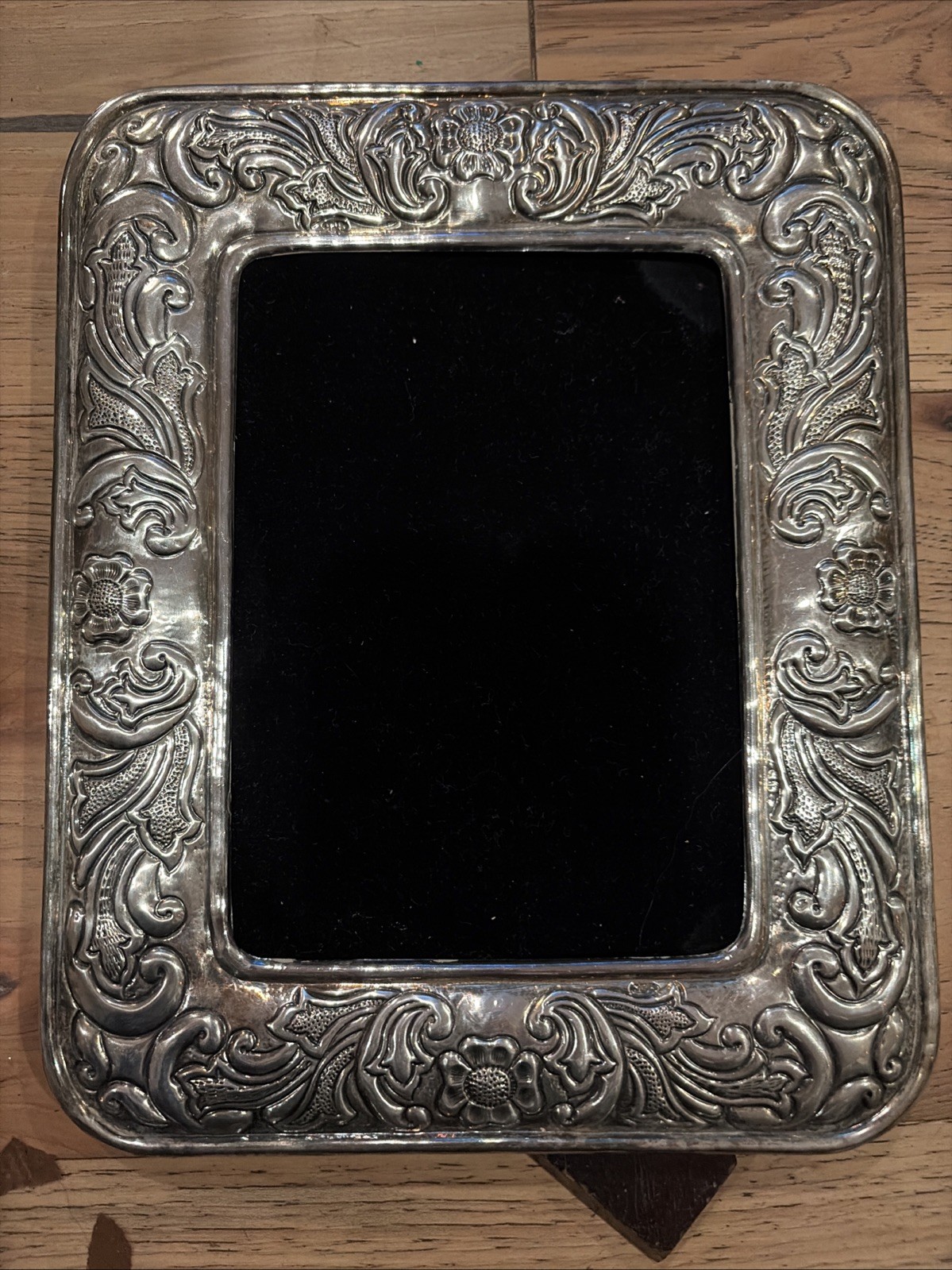 Vintage Ornate Heavy Embossed Sterling Silver Picture Frame With Floral Scroll