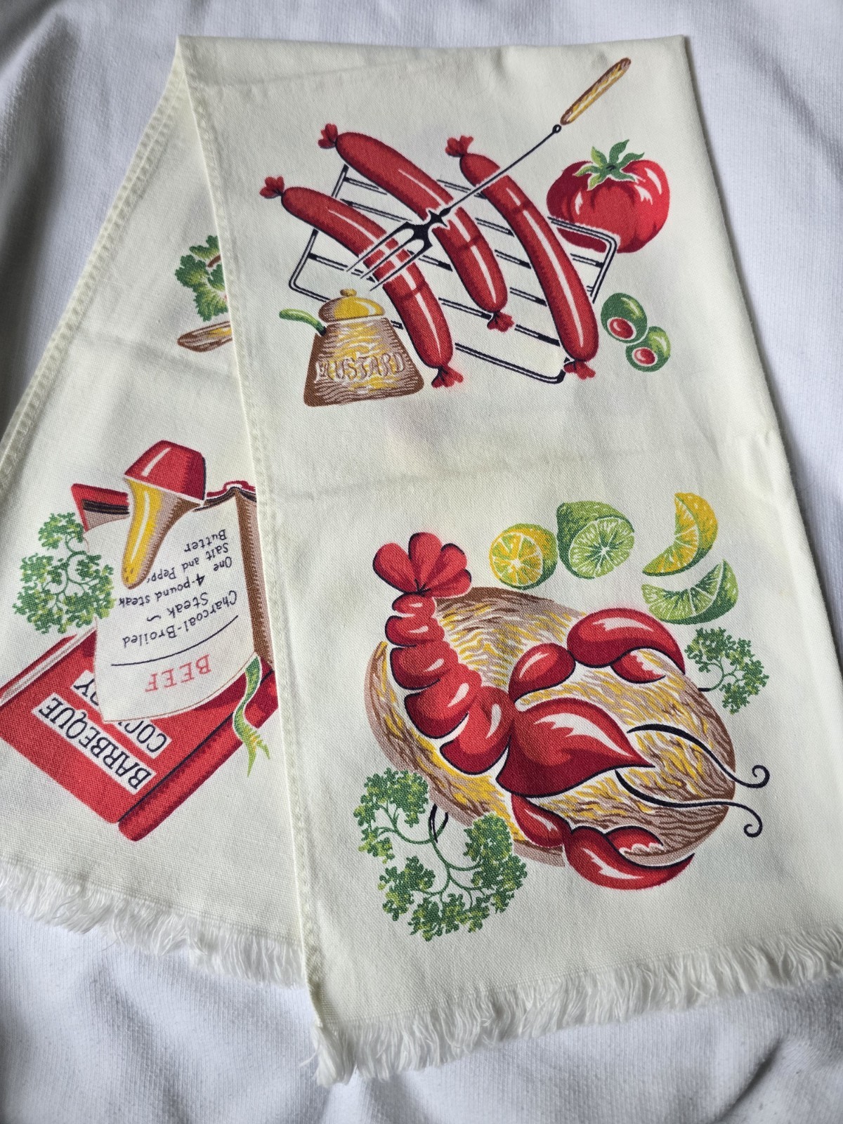 Vintage Lobster Steak Cookout Tablerunner Towel BBQ Fabric Cotton