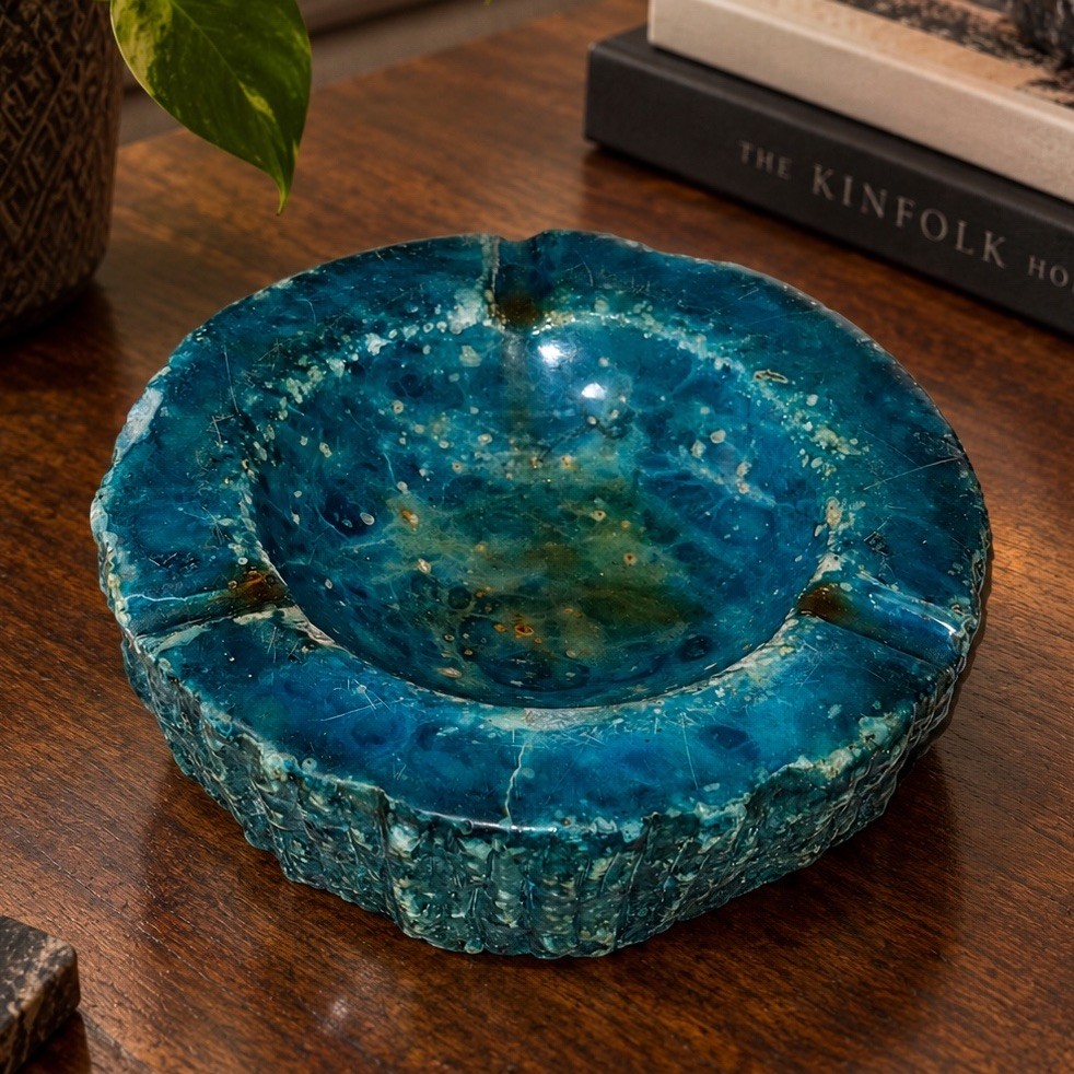 Vintage Heavy Blue Gemstone-Look Ashtray / Incense Holder 7.5” 6+ Lbs Unmarked