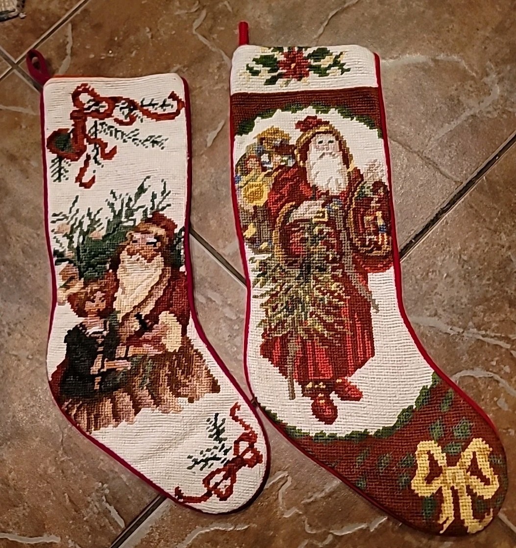 Christmas Stockings Embroidered Wool Old World Santas Pair 2 A+ Condition 1980s Christmas Stockings Embroidered Wool Old World Santas Pair 2 A+ Condition 1980s