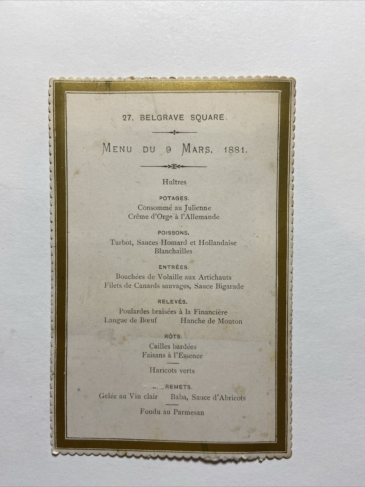 Antique  Aristocrat Private Dining Menu Card 27 Belgrave Square  1881