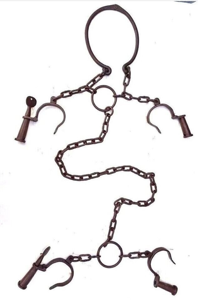 Antique 2 key Iron Handcrafted Rare Neck Leg & Hand Handcuffs Lock