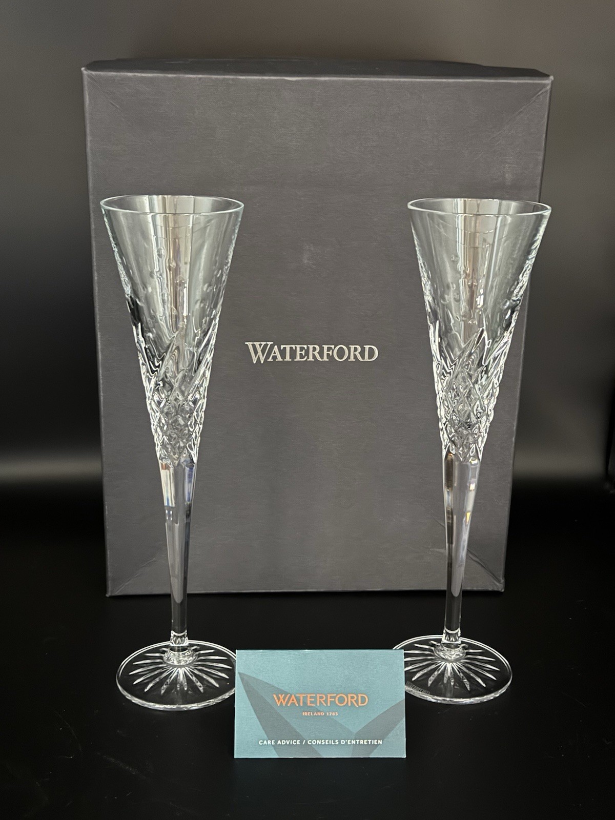 Waterford Wishes Happy Celebrations Toasting Flutes Champagne Set/2 Crystal IOB