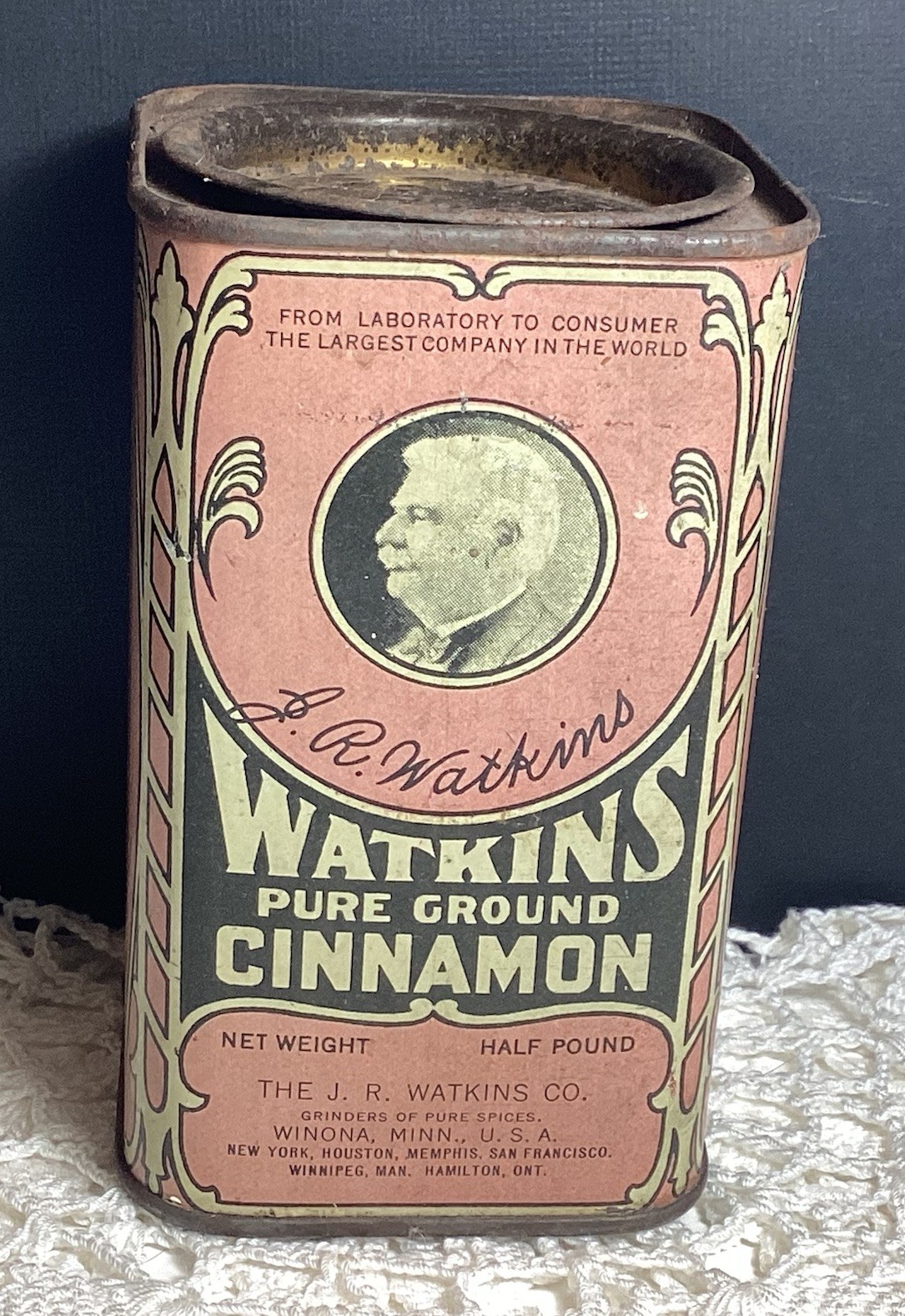 ANTIQUE WATKINS PURE GROUND CINNAMON TIN 1/2# SIZE J.R. WATKINS CO WINONA MINN 