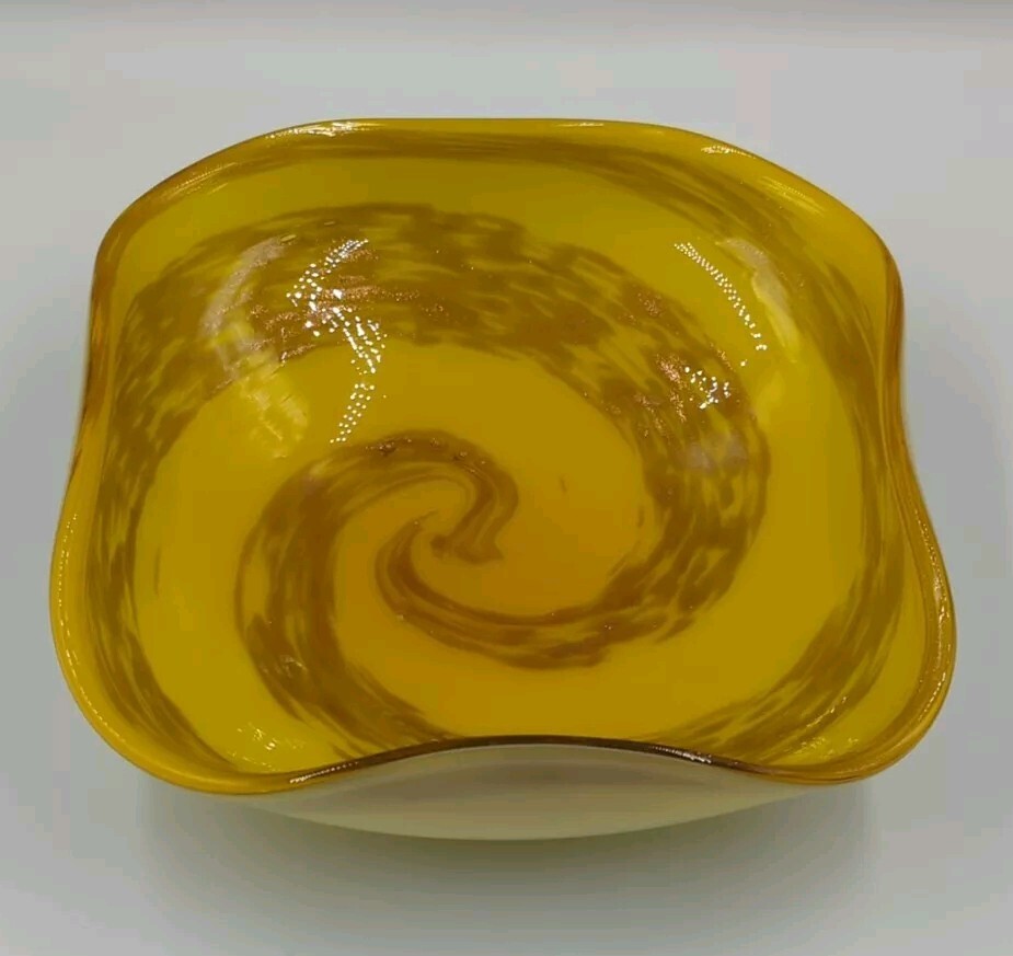 Vintage Yellow And Gold Swirl Art Glass Square Bowl Vintage Yellow And Gold Swirl Art Glass Square Bowl