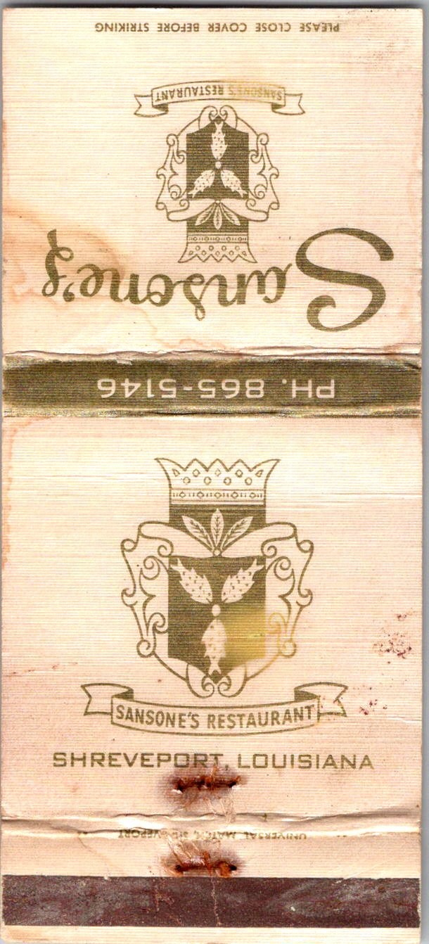 Sansone\'s Restaurant Shreveport LA Vintage Matchbook Cover TMM12-10