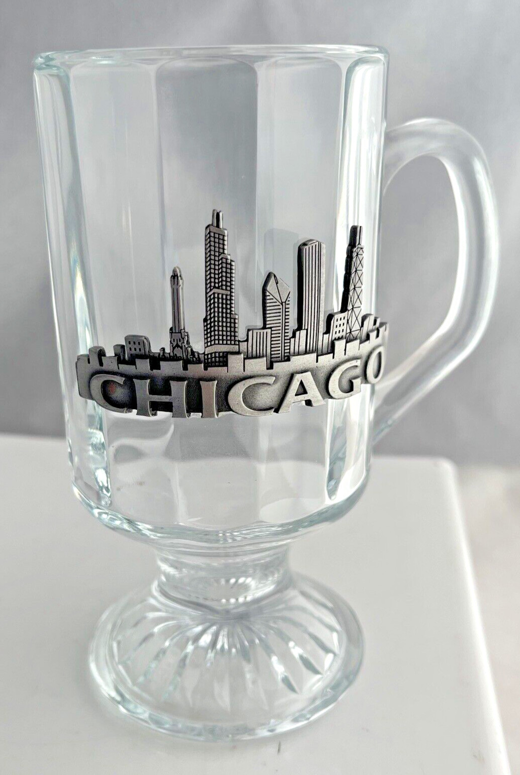 Chicago City Pewter Skyline on Pedestal Glass Souvenir Mug 8 oz
