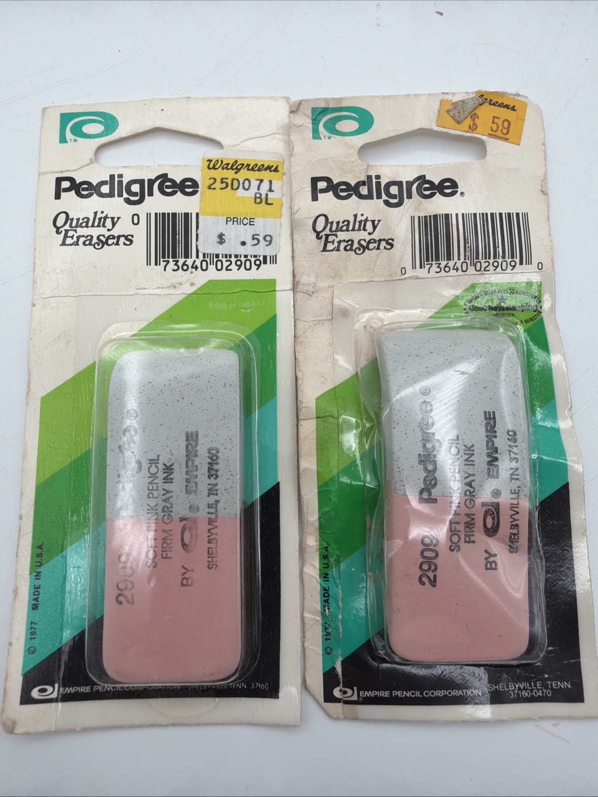 1977 Pedigree Empire ERASER #2909 Pink Gray Pencil Ink Pens Erasers Lot of 2 VTG