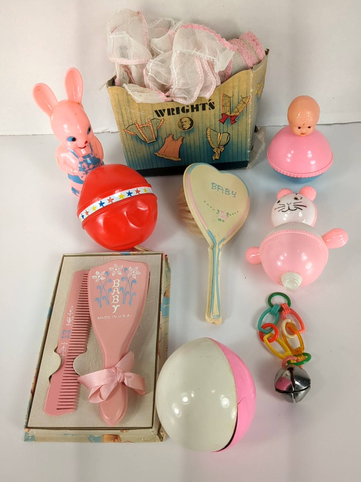 Vintage Baby Lot Toy Brush Comb Pink Lace Ruffle for Crafts Repurpose Read