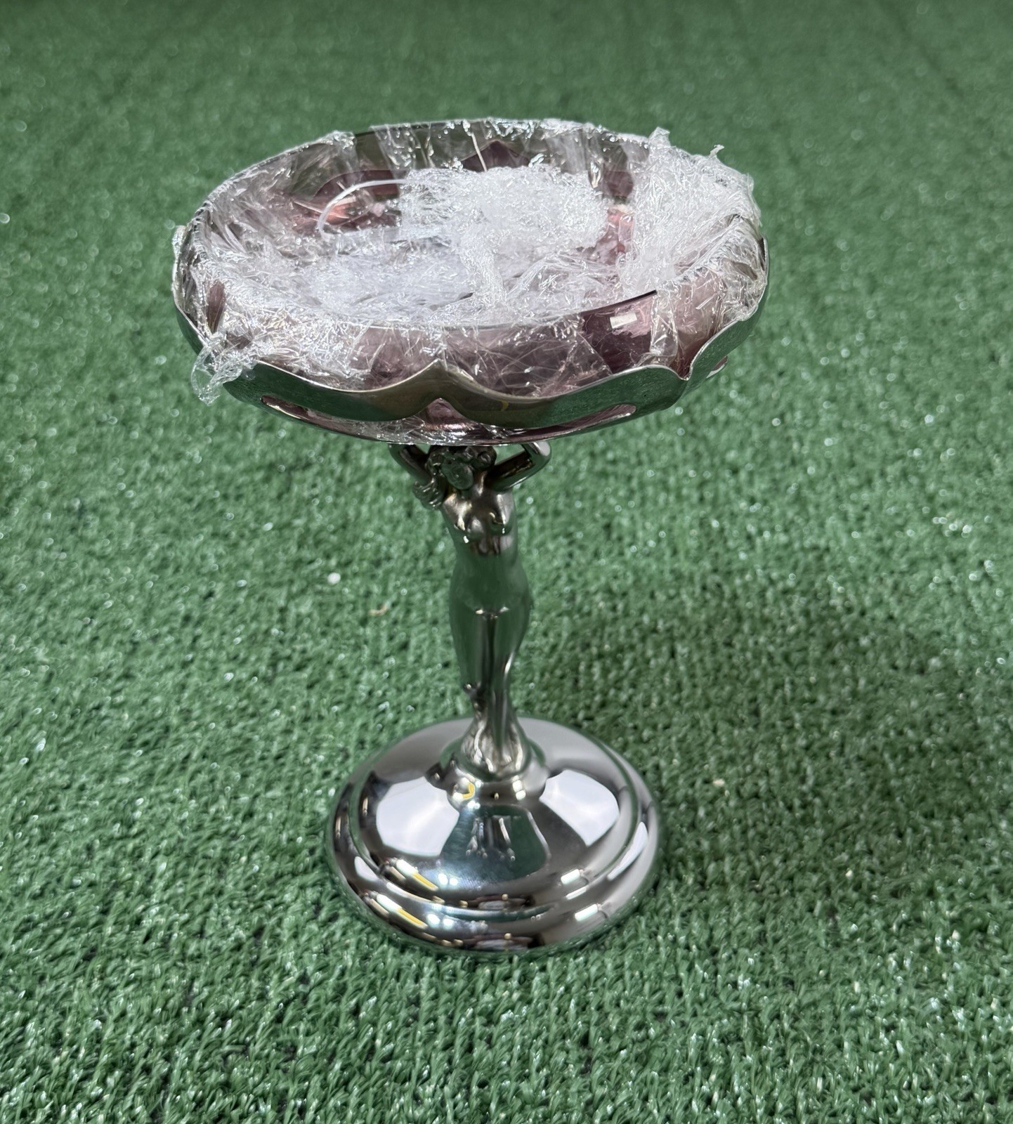 Vintage FARBER BROS Chrome ART DECO NUDE WOMAN Stem Compote PURPLE Amethyst Bowl