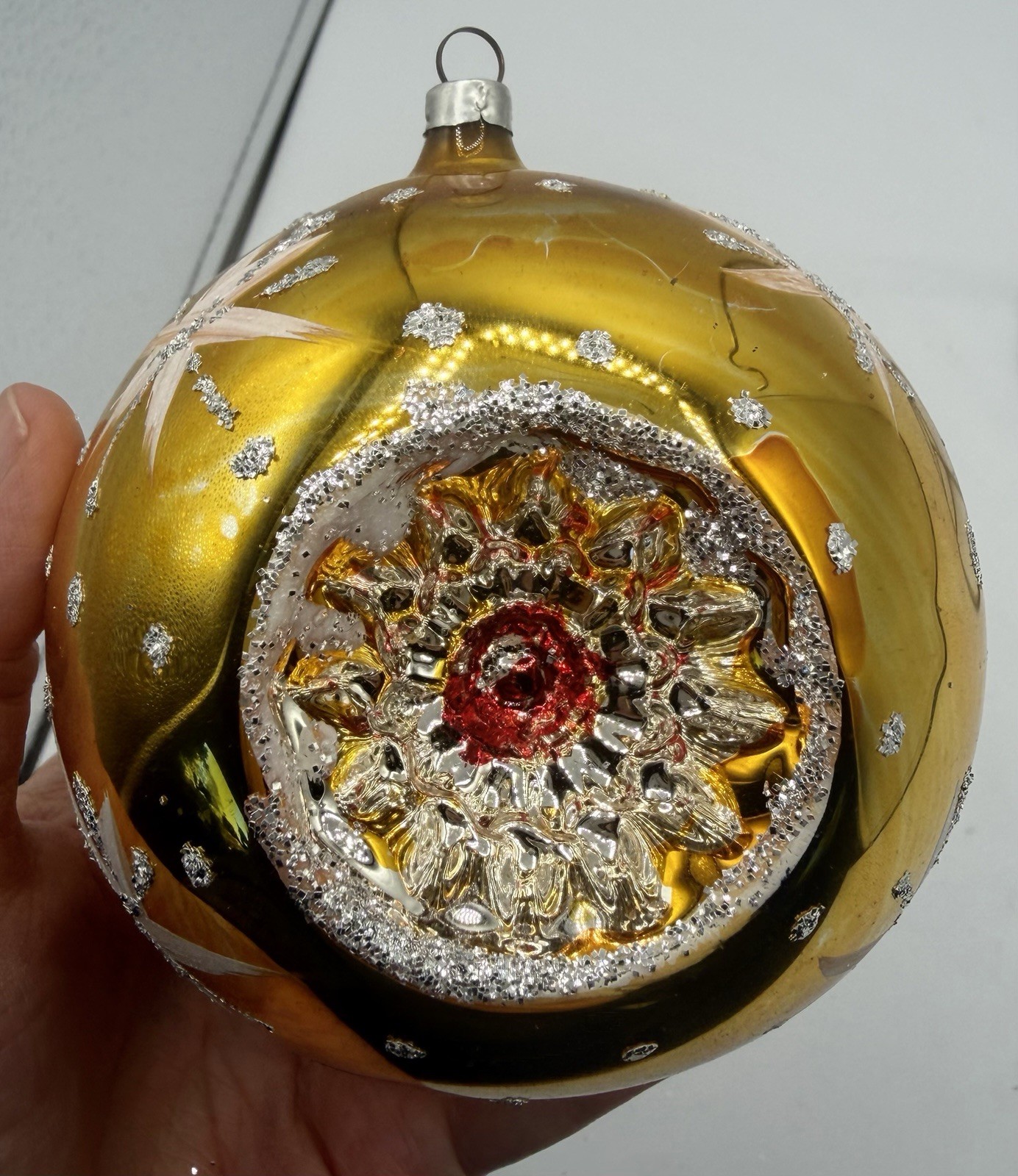 Vintage West Germany 4” Triple Indent Gold Glass Christmas Ornament Reflector