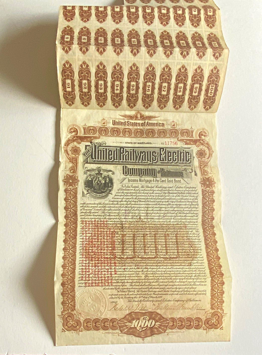 Antique 1899 United Railways Electric Co Baltimore 4% Gold Bond $1,000