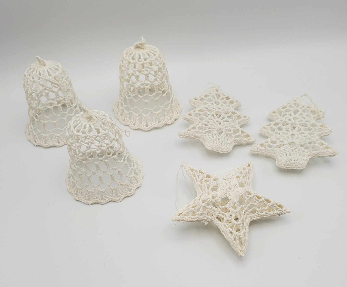 Set of 6 Vintage Stiffened Crochet Lace Christmas Ornaments Bell Star Tree 3D Set of 6 Vintage Stiffened Crochet Lace Christmas Ornaments Bell Star Tree 3D