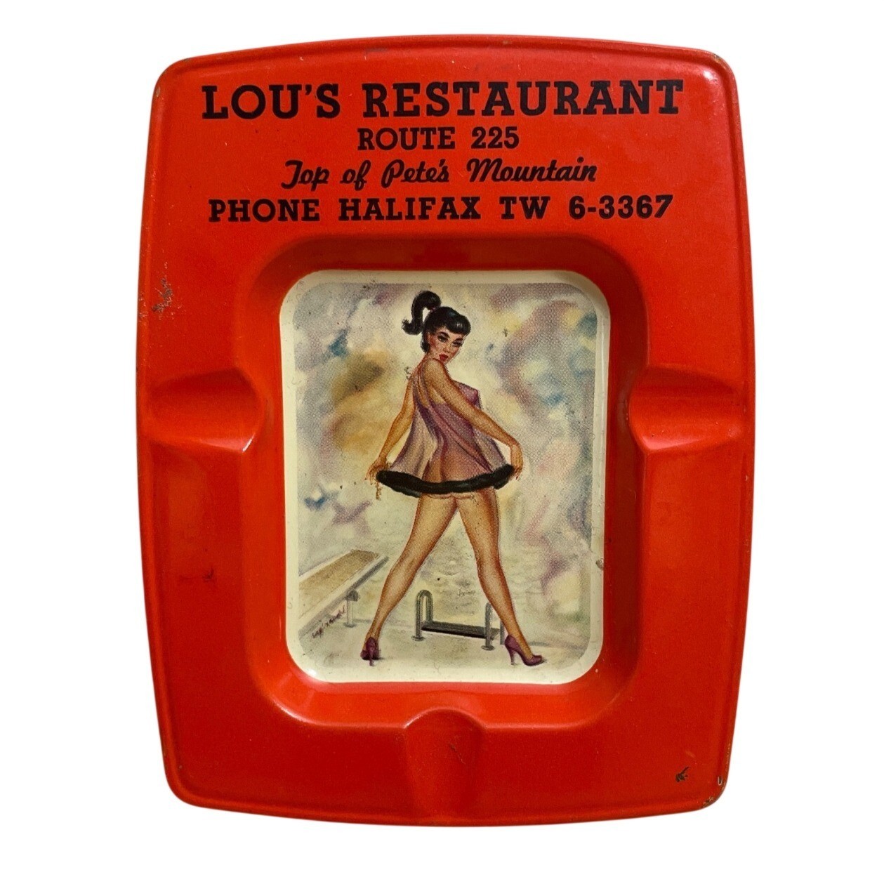 Vtg Pinup Advertising Metal Tin Ashtray Lous Restaurant Halifax PA Peters Mtn