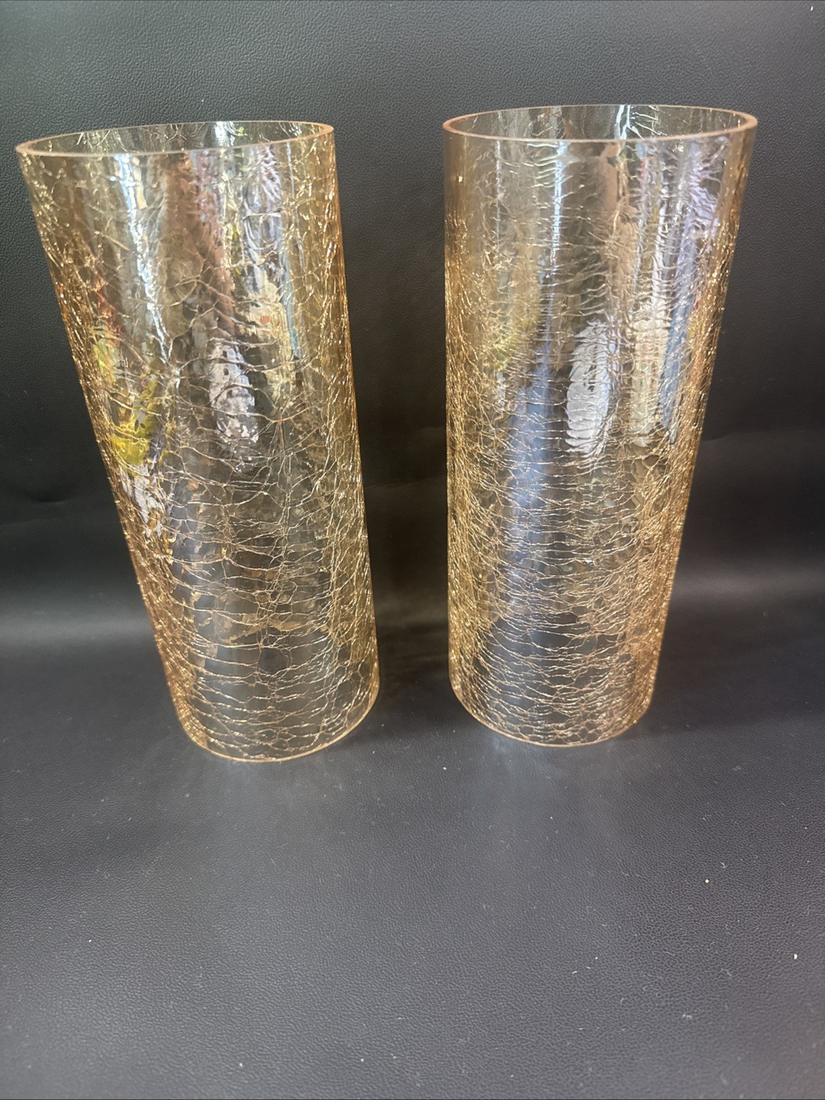 2 MCM Amber Iridescent Crackle Glass Cylinder Hurricane Chimney Shade 8 ¾” 2 MCM Amber Iridescent Crackle Glass Cylinder Hurricane Chimney Shade 8 ¾”
