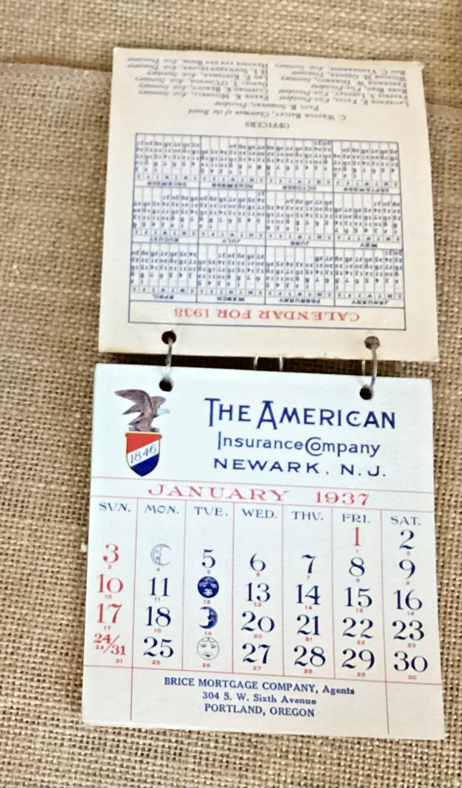1937 Vintage Calendar  “The American Insurance Company”. Brice Mort. Portland OR