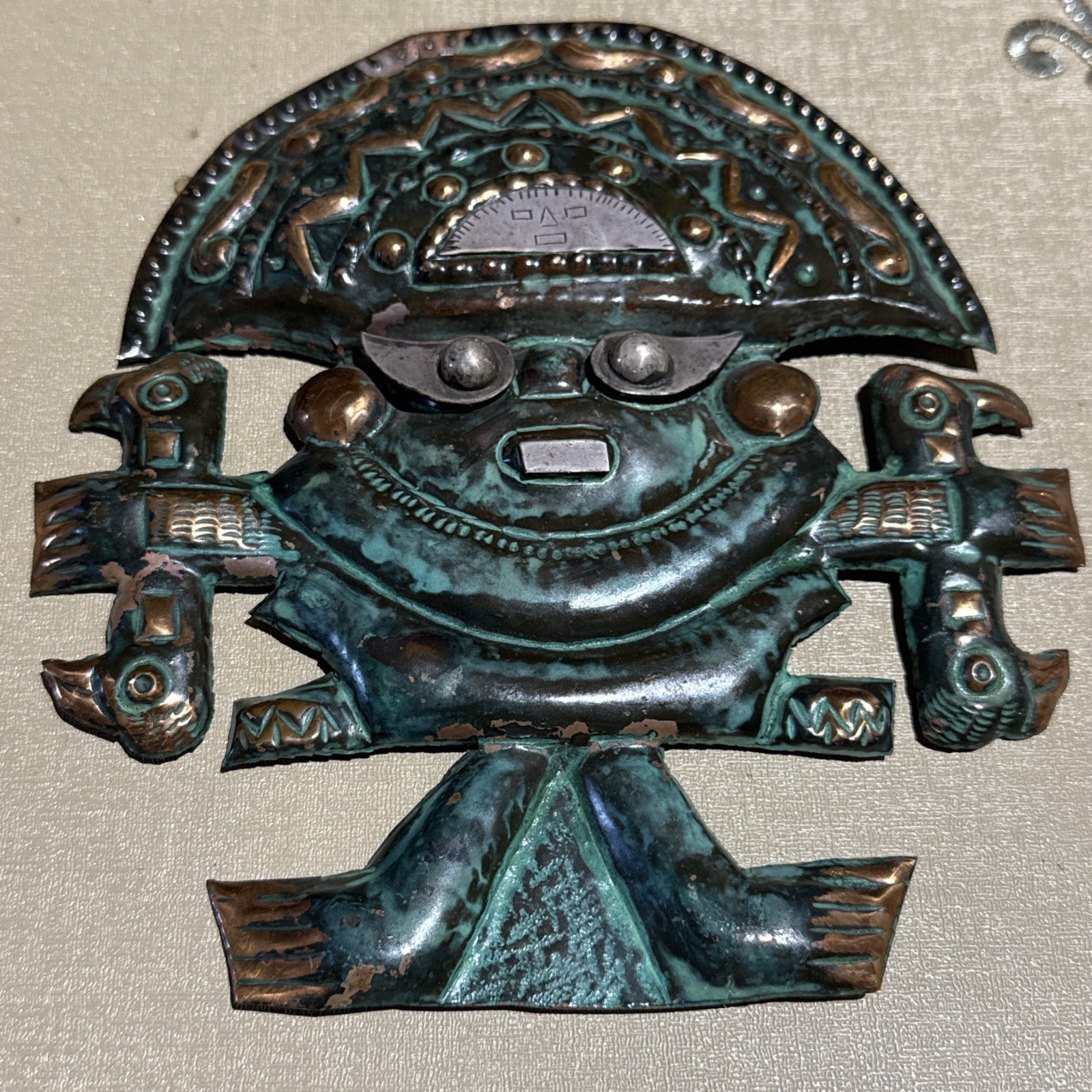 AZTEC vtg mayan copper tiki god art wall sculpture mexican figurine