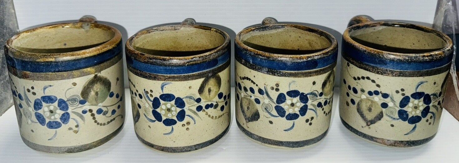 Vtg Signed Tonala Mexico Art Pottery Coffee Mugs set of 4 Blue Flowers