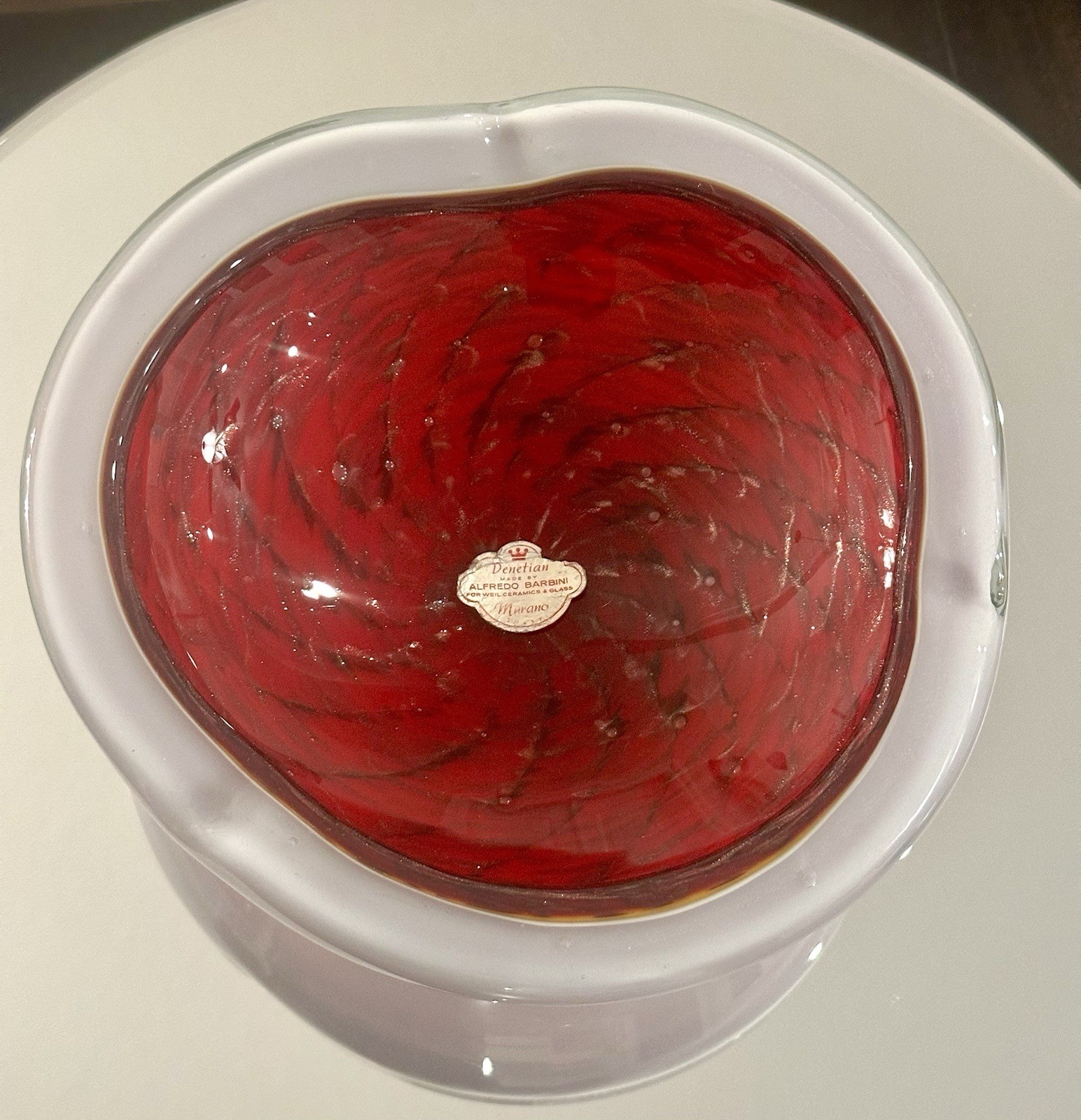 Murano-Alfredo Barbini VTG-MCM Red, White w/Aventurnie Venetian Glass Ashtray Murano-Alfredo Barbini VTG-MCM Red, White w/Aventurnie Venetian Glass Ashtray