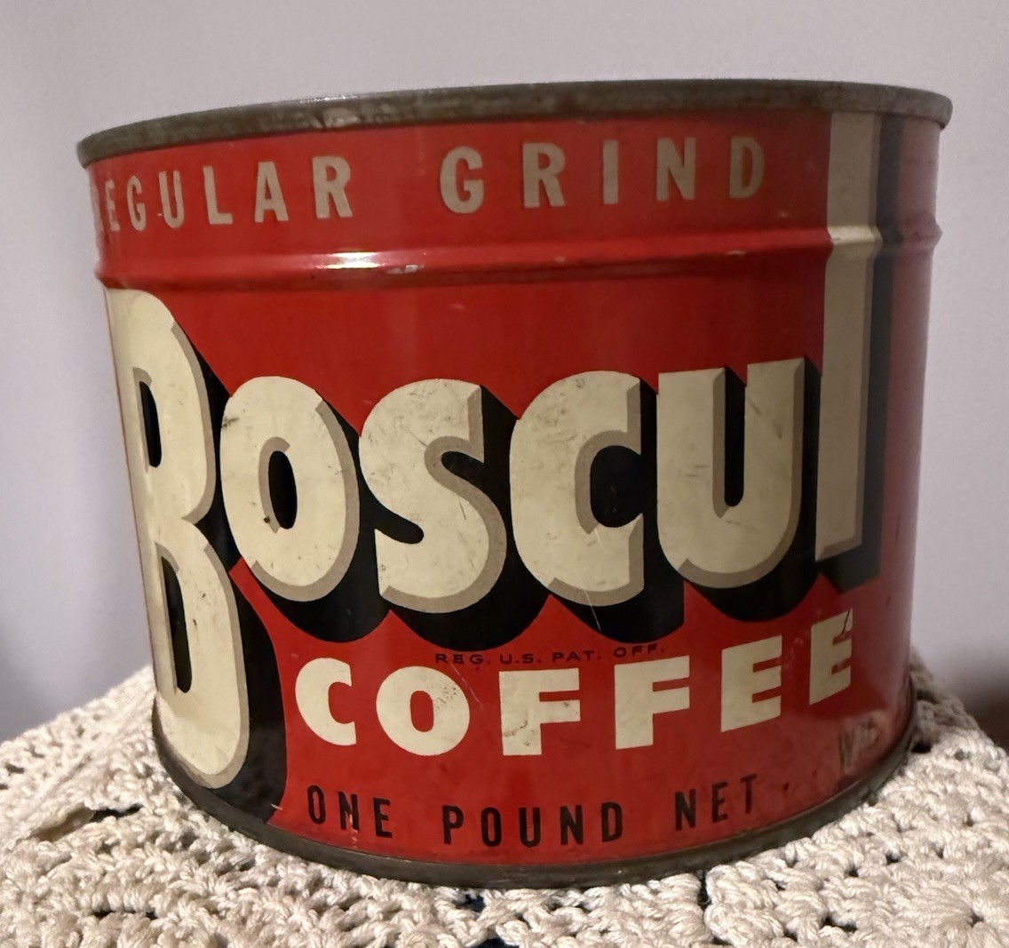 VINTAGE BOSCUL “FULL” 1# KEYWIND COFFEE TIN CAN VINTAGE BOSCUL “FULL” 1# KEYWIND COFFEE TIN CAN