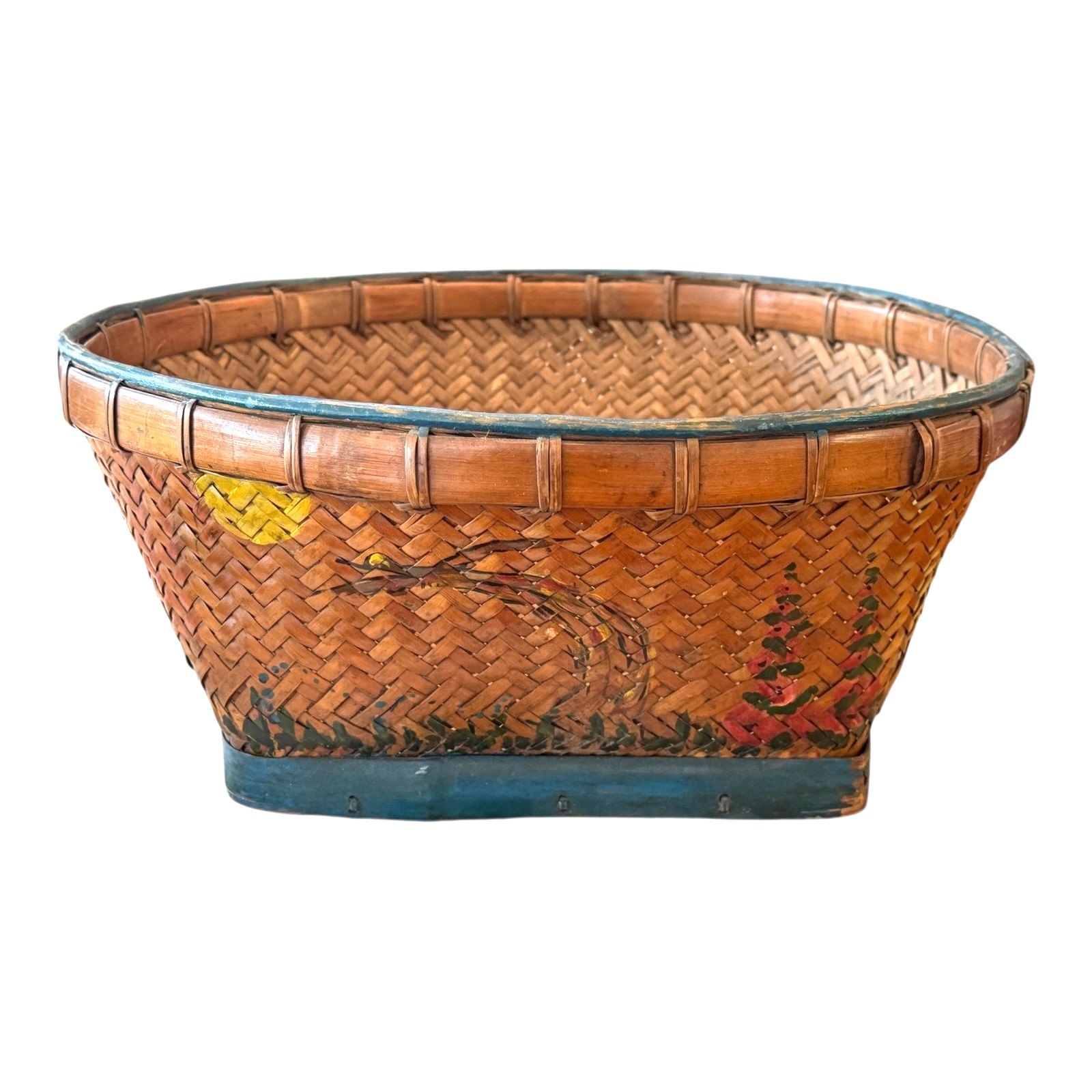 Antique Americana Folk Art Hand Painted Splint Oak Decorative Basket Bowl Antique Americana Folk Art Hand Painted Splint Oak Decorative Basket Bowl