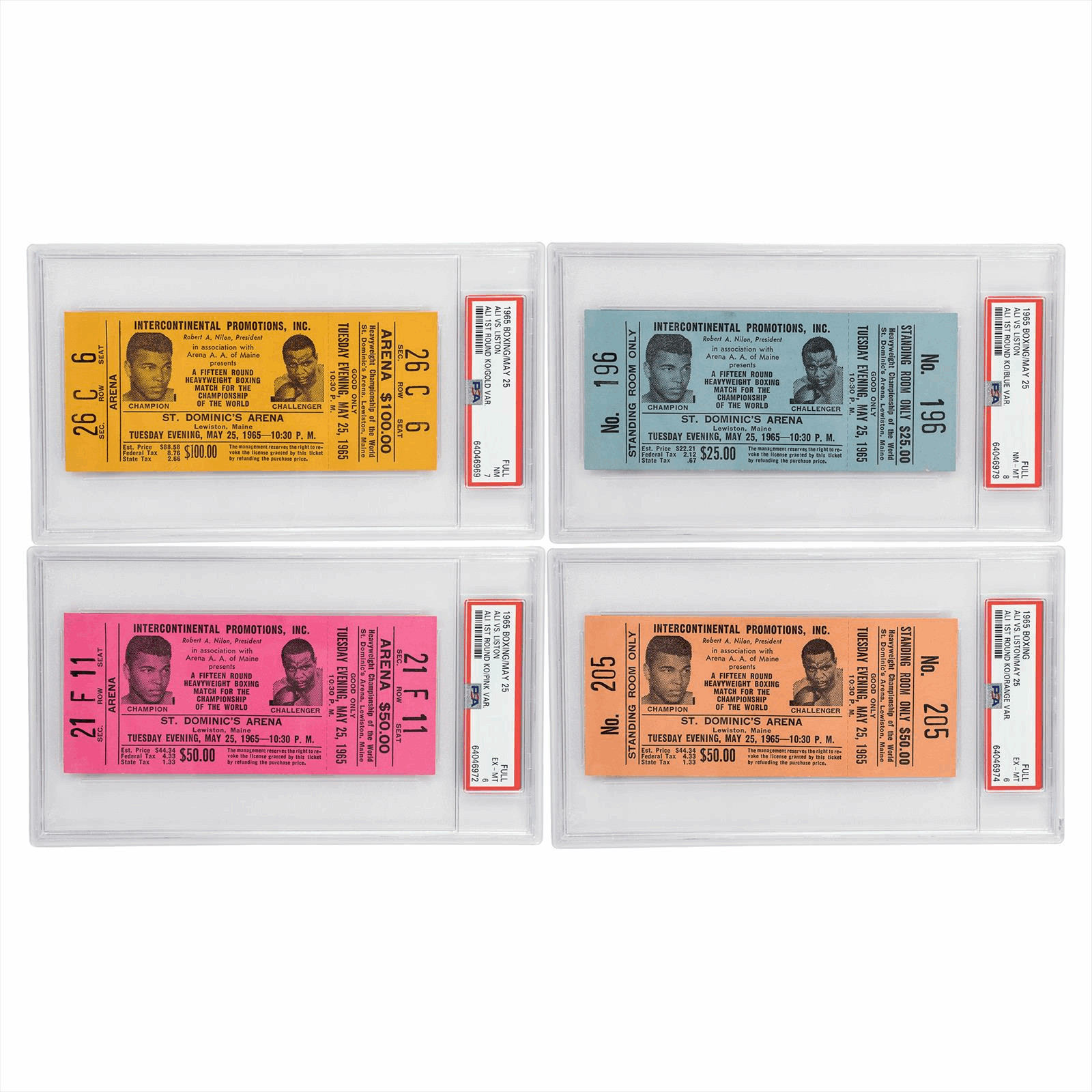 1965 4Pc Lot May 25th Ali Vs Liston Ali 1st Round KO Rainbow FULL PSA EX-MT 6-8 1965 4Pc Lot May 25th Ali Vs Liston Ali 1st Round KO Rainbow FULL PSA EX-MT 6-8