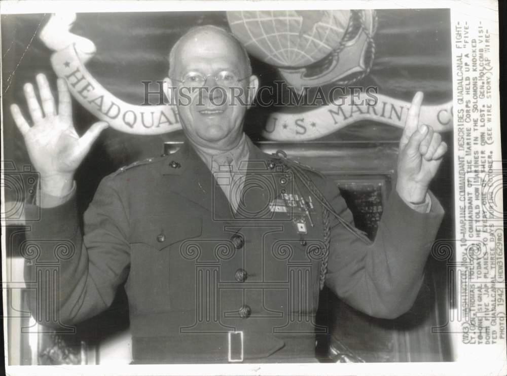 1942 Press Photo Lt. Gen. Holcomb describes Guadalcanal fight in Washington.