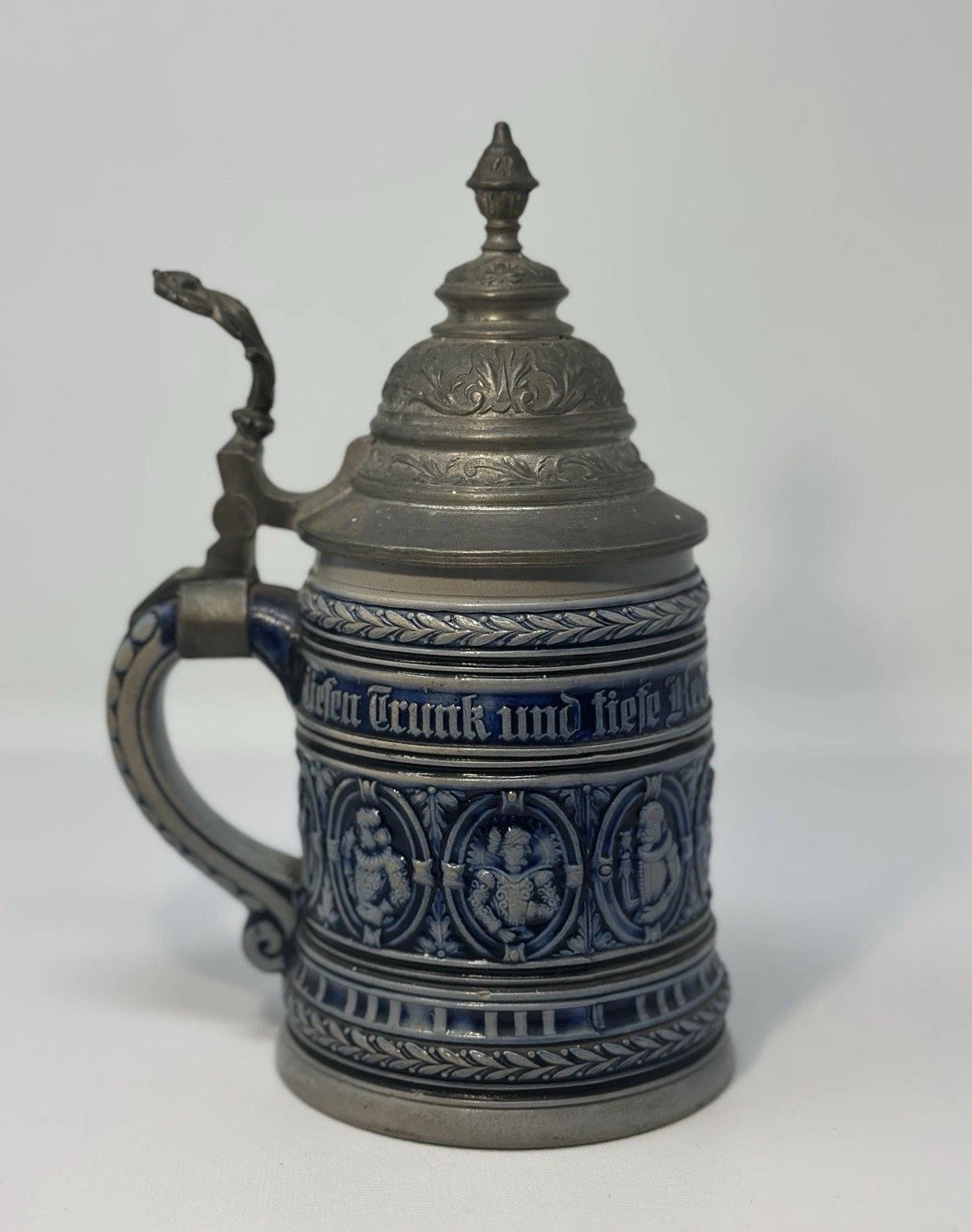 Marzi & Remy 837 Renaissance Portrait Stein Cobalt Blue c1900s German Pewter Lid
