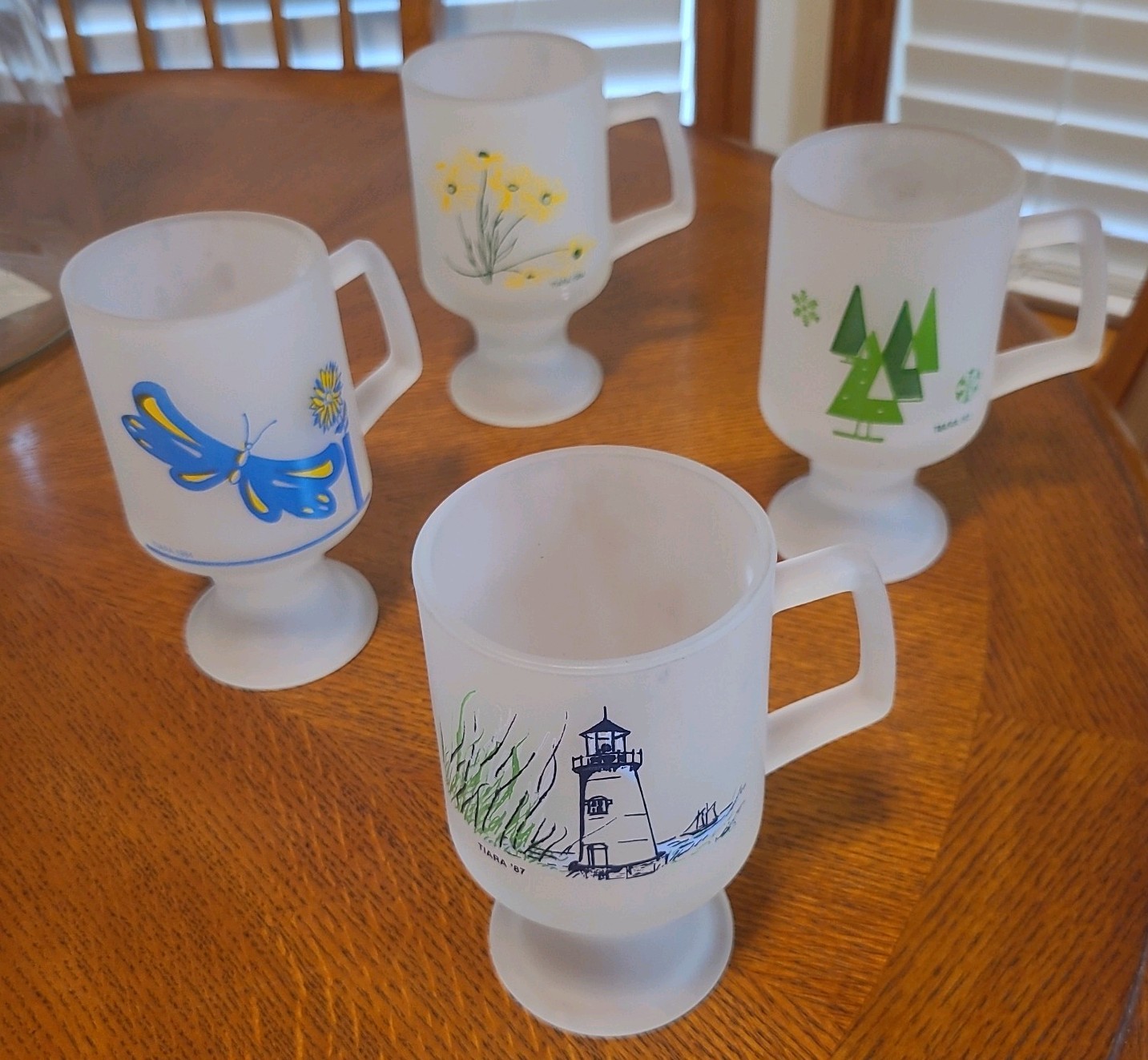 Vintage 4 Tiara Indiana Glass Satin Footed Mugs Handles 5 3/8\ Vintage 4 Tiara Indiana Glass Satin Footed Mugs Handles 5 3/8\
