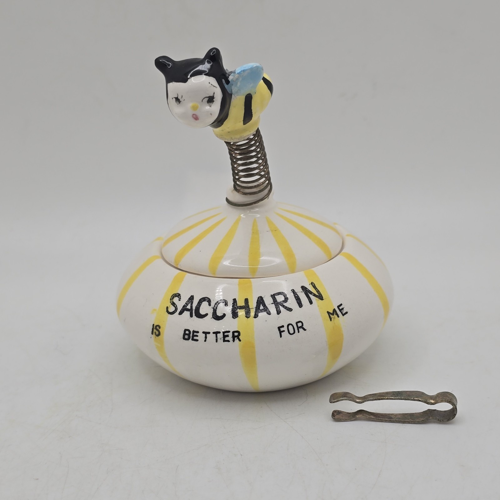 Vtg 50s Davar Bee Bobble Saccharin Yellow Condiment Jar Tongs Label MCM Japan