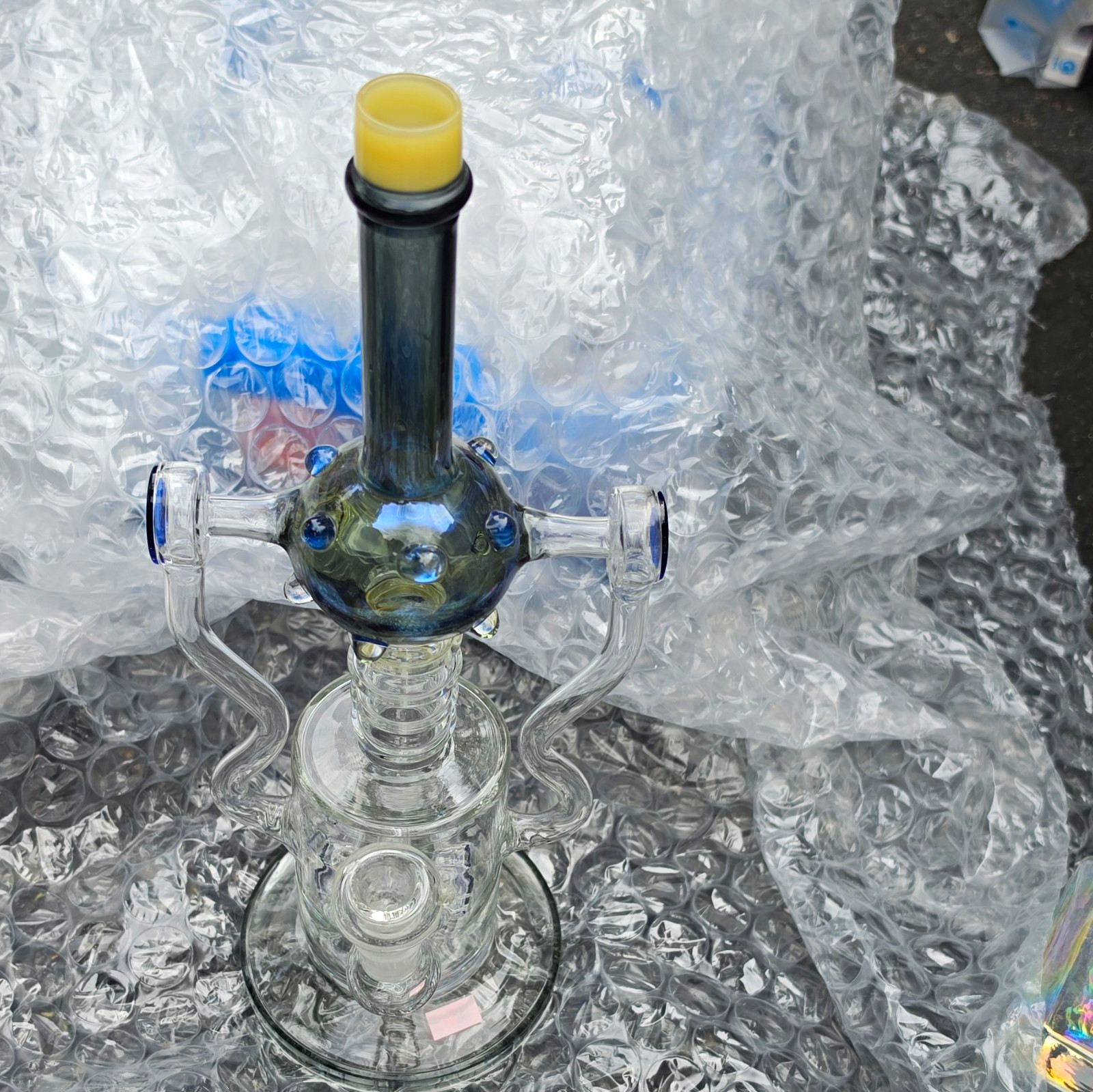 Clear Glass Hookah Water Pipe with Dual Side Handles and Blue Accents