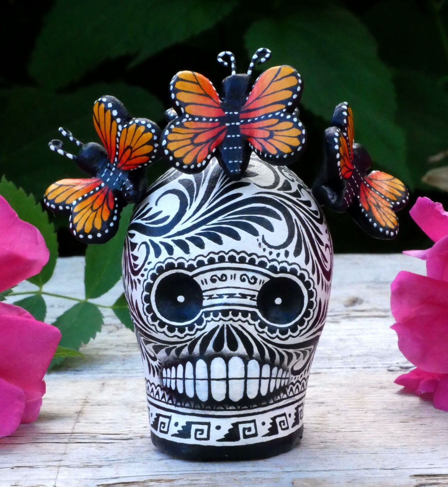Day of the Dead Sugar Skull with Monarch Butterflies Handmade Mexico Folk Art Sm