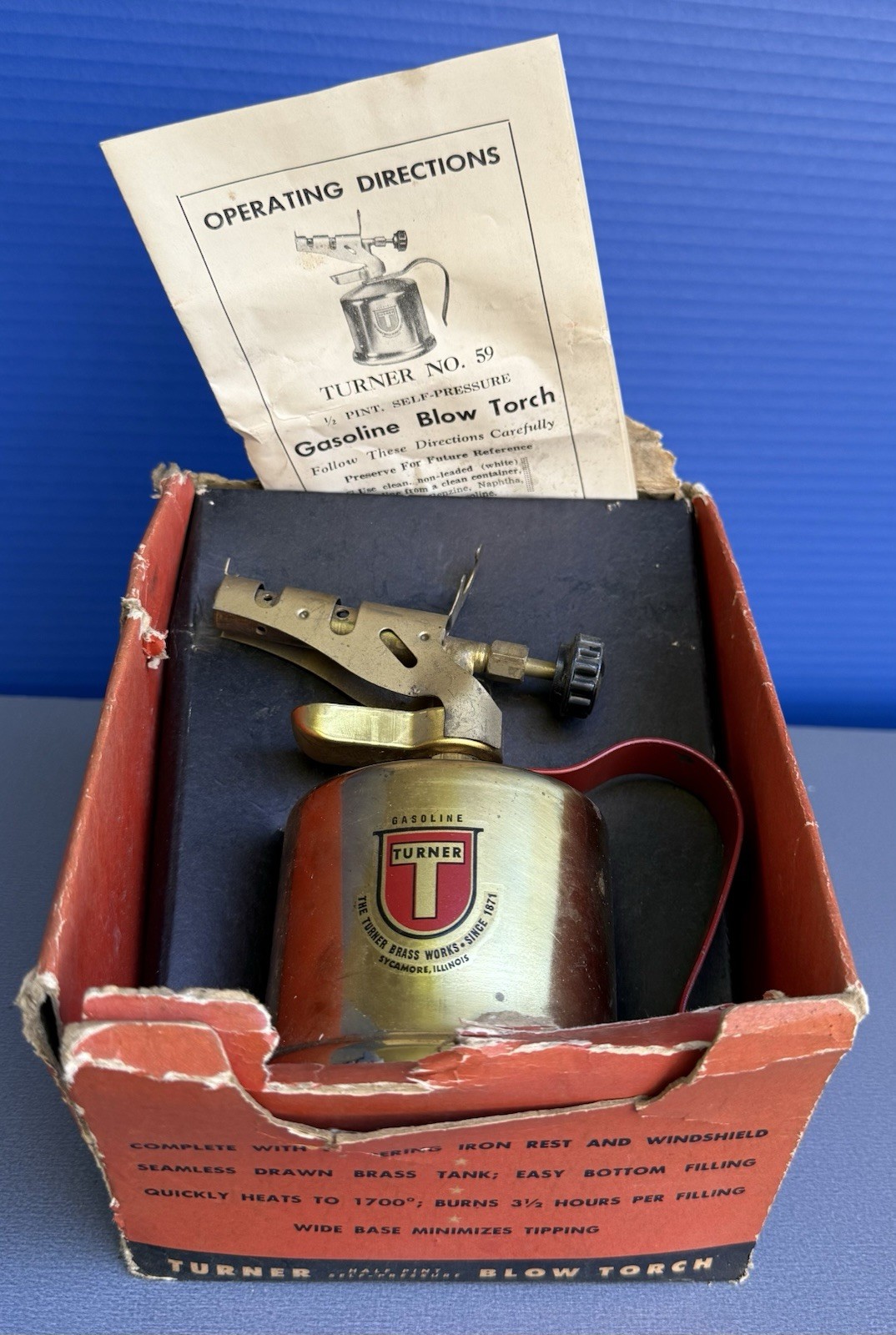 Vtg NOS Turner Brass Works #59 Sm. 1/2 Pint, Self-Pressure Gasoline Blow Torch Vtg NOS Turner Brass Works #59 Sm. 1/2 Pint, Self-Pressure Gasoline Blow Torch