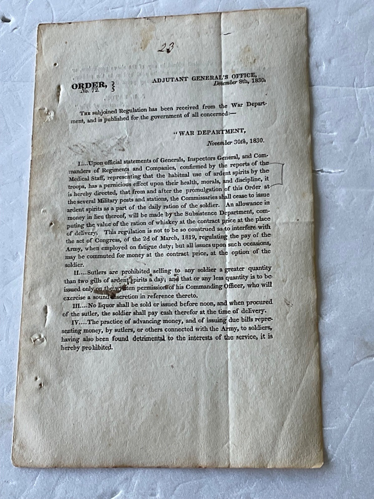 WHISKEY RATIONS ENDS US ARMY 1830 SGD ORDER GENL ROGER JONES ADJ. GEN 1825 - 52 WHISKEY RATIONS ENDS US ARMY 1830 SGD ORDER GENL ROGER JONES ADJ. GEN 1825 - 52